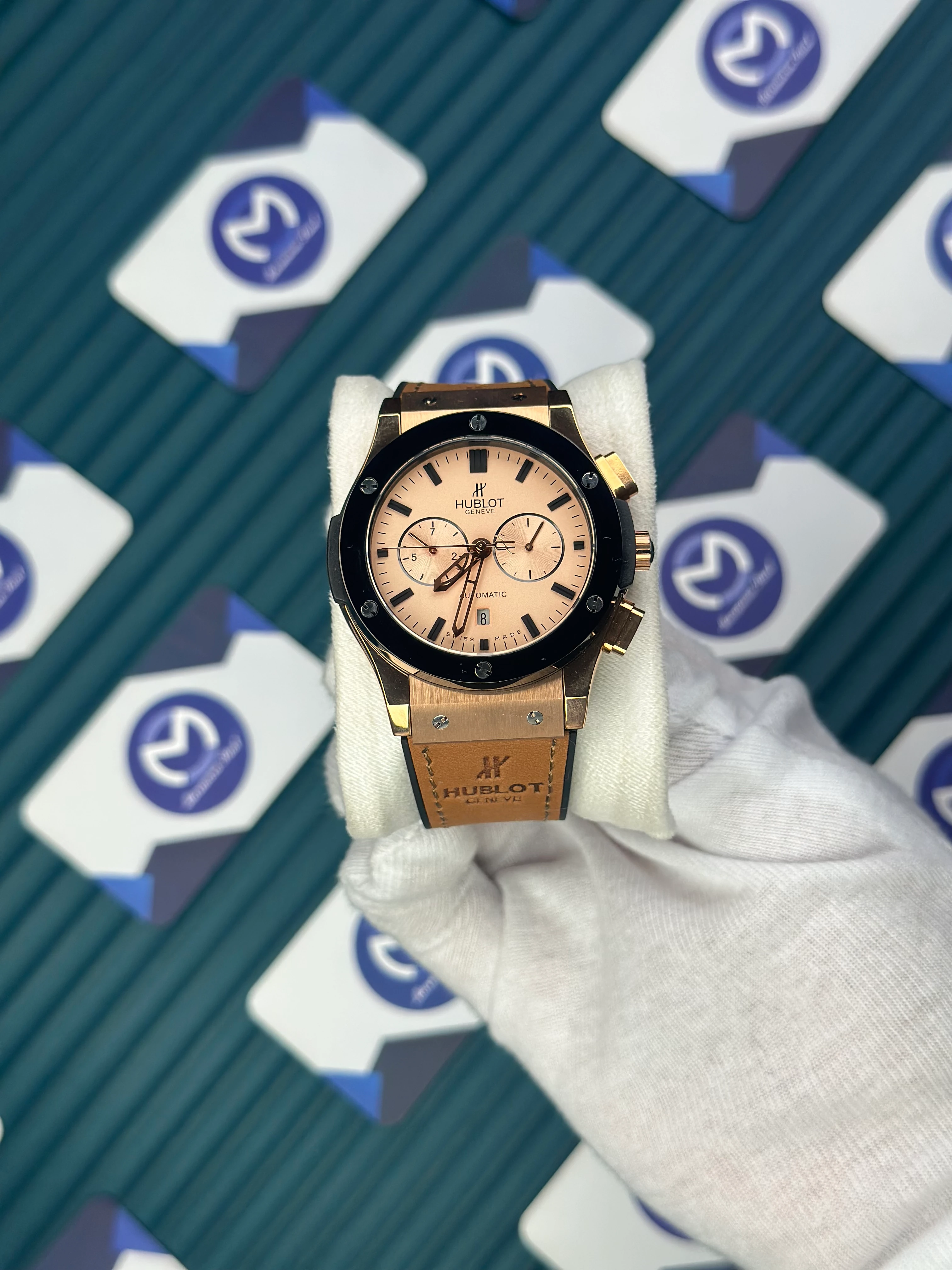 HUBLOT AUTOMATIC CLASSIC FUSHION VENDOME BEIGE DIAL BROWN LEATHER CORD 