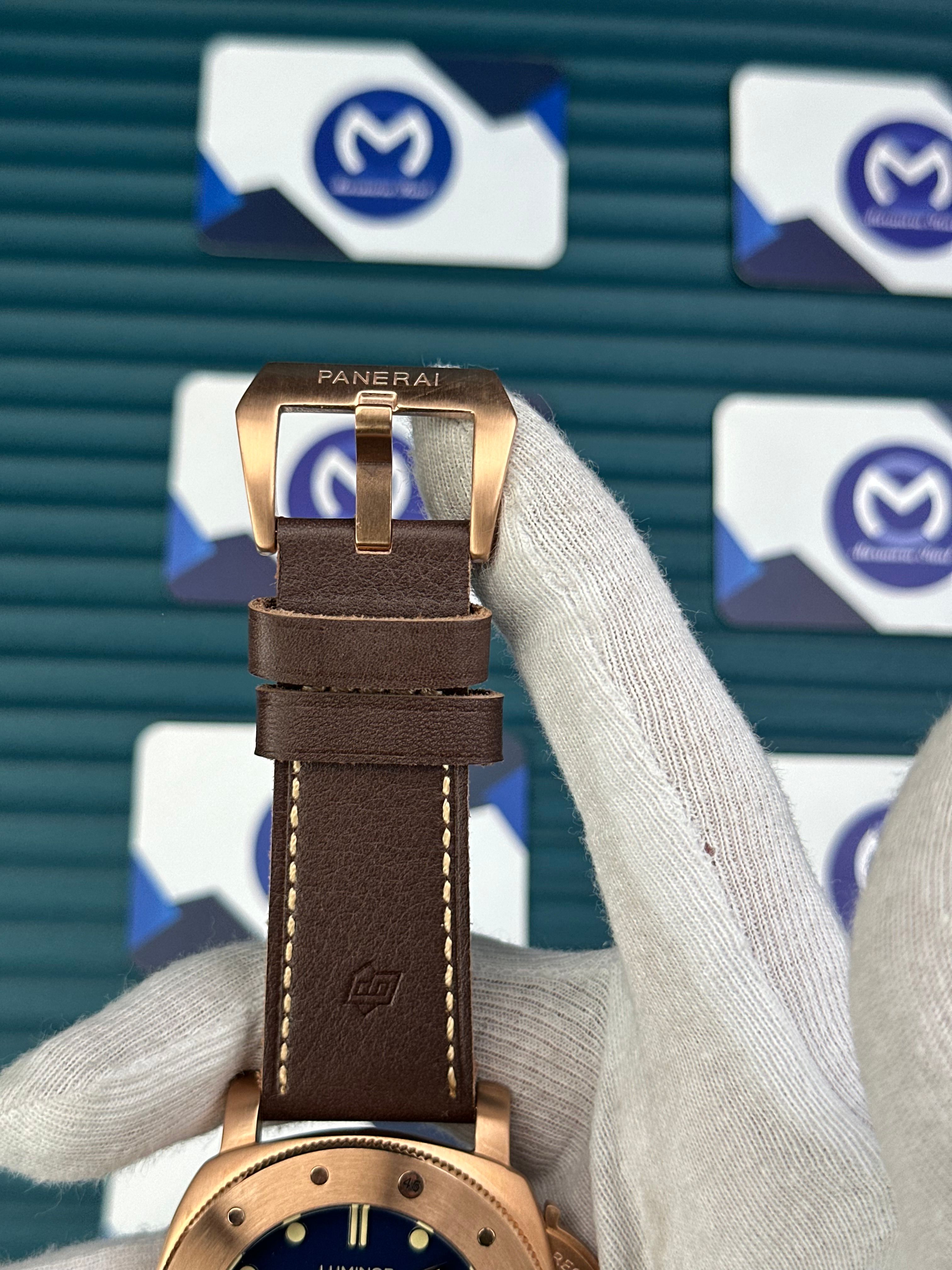 LUMINOR SUBMERSIBLE PANERAI BLUE DIAL ROSE CASE BROWN LEATHER CORD