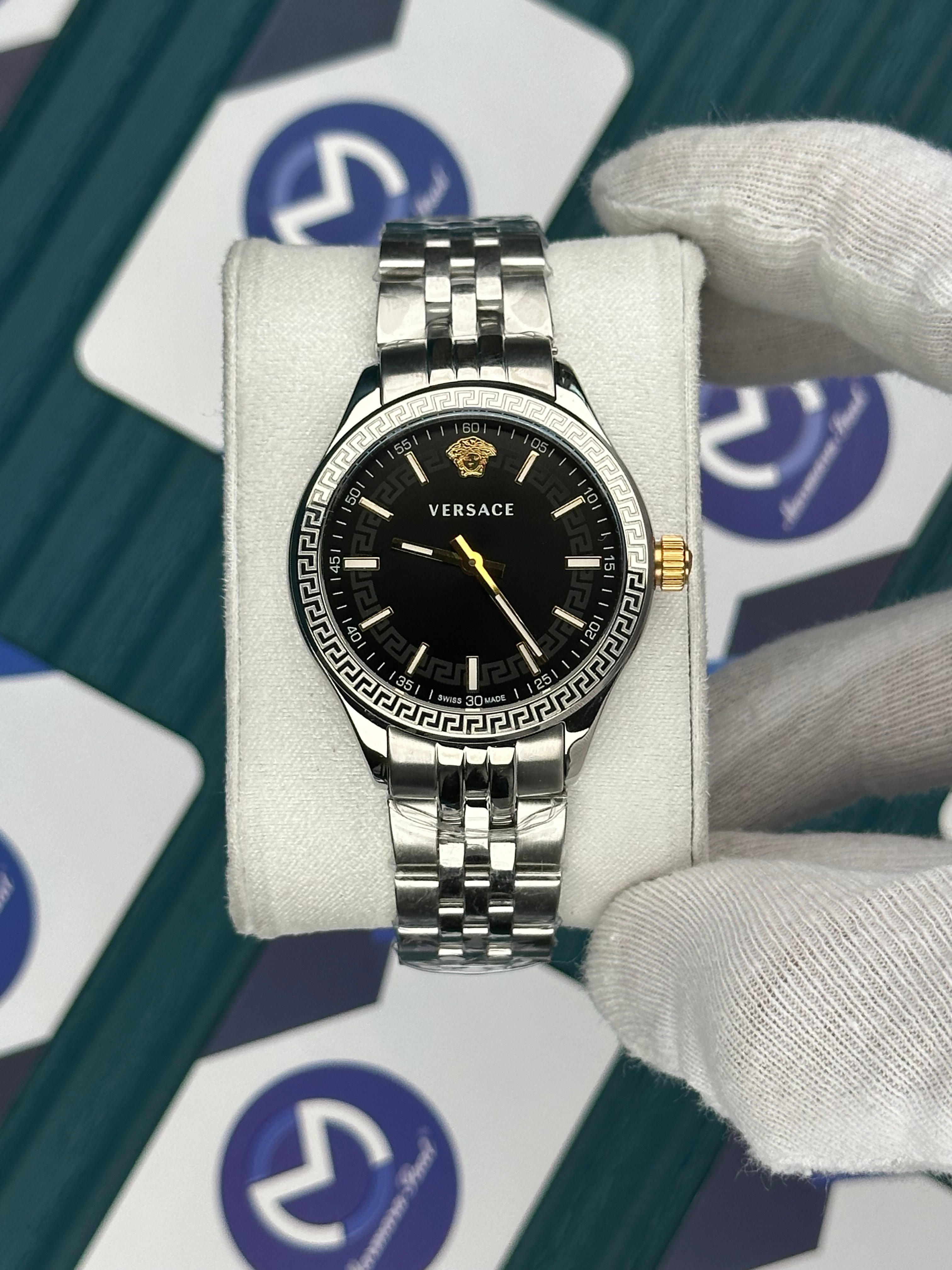 VERSACE 36 BLACK DIAL WHITE DETAIL SILVER JUBILEE