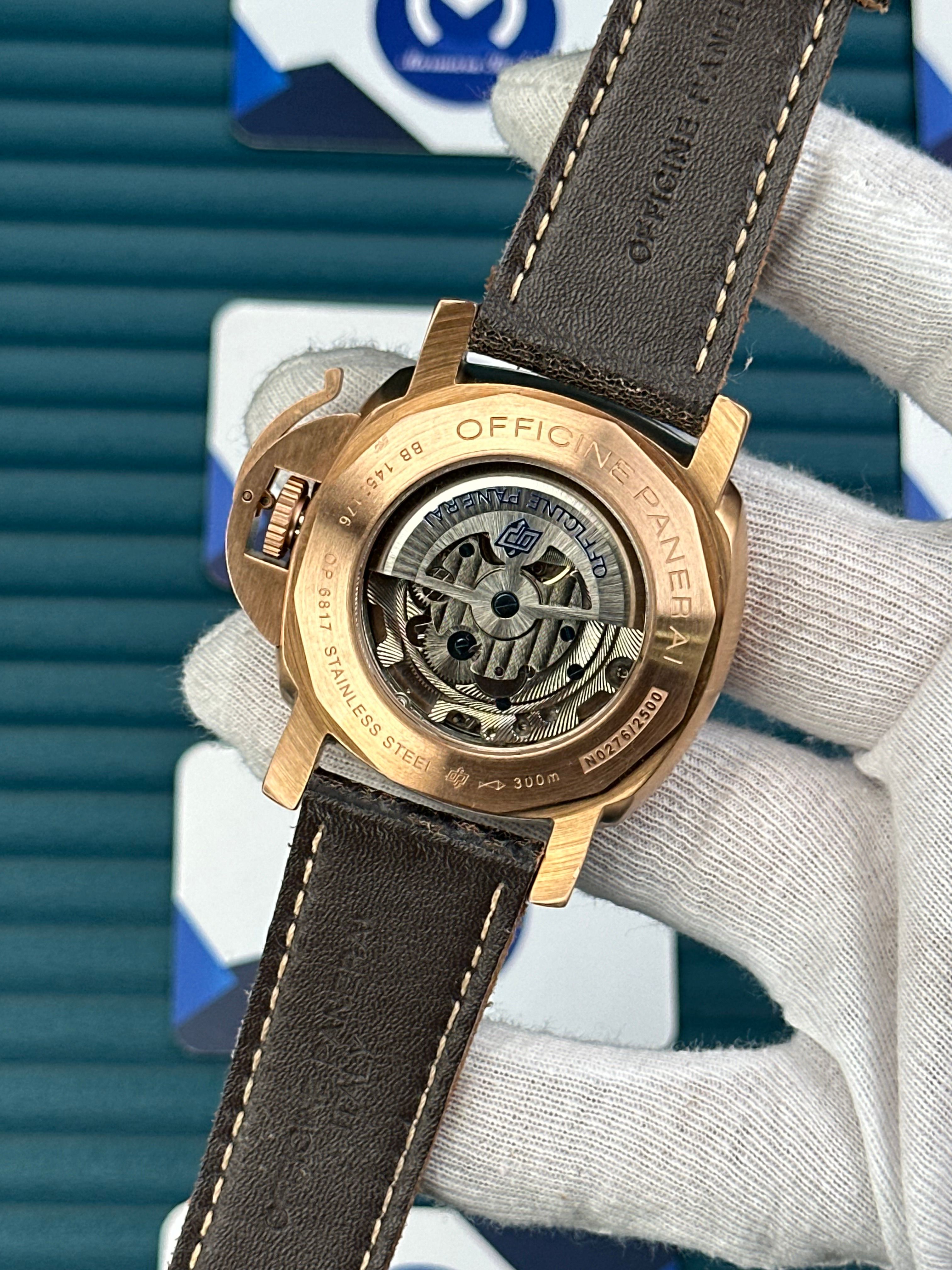LUMINOR SUBMERSIBLE PANERAI GREEN DIAL ROSE CASE BROWN LEATHER CORD