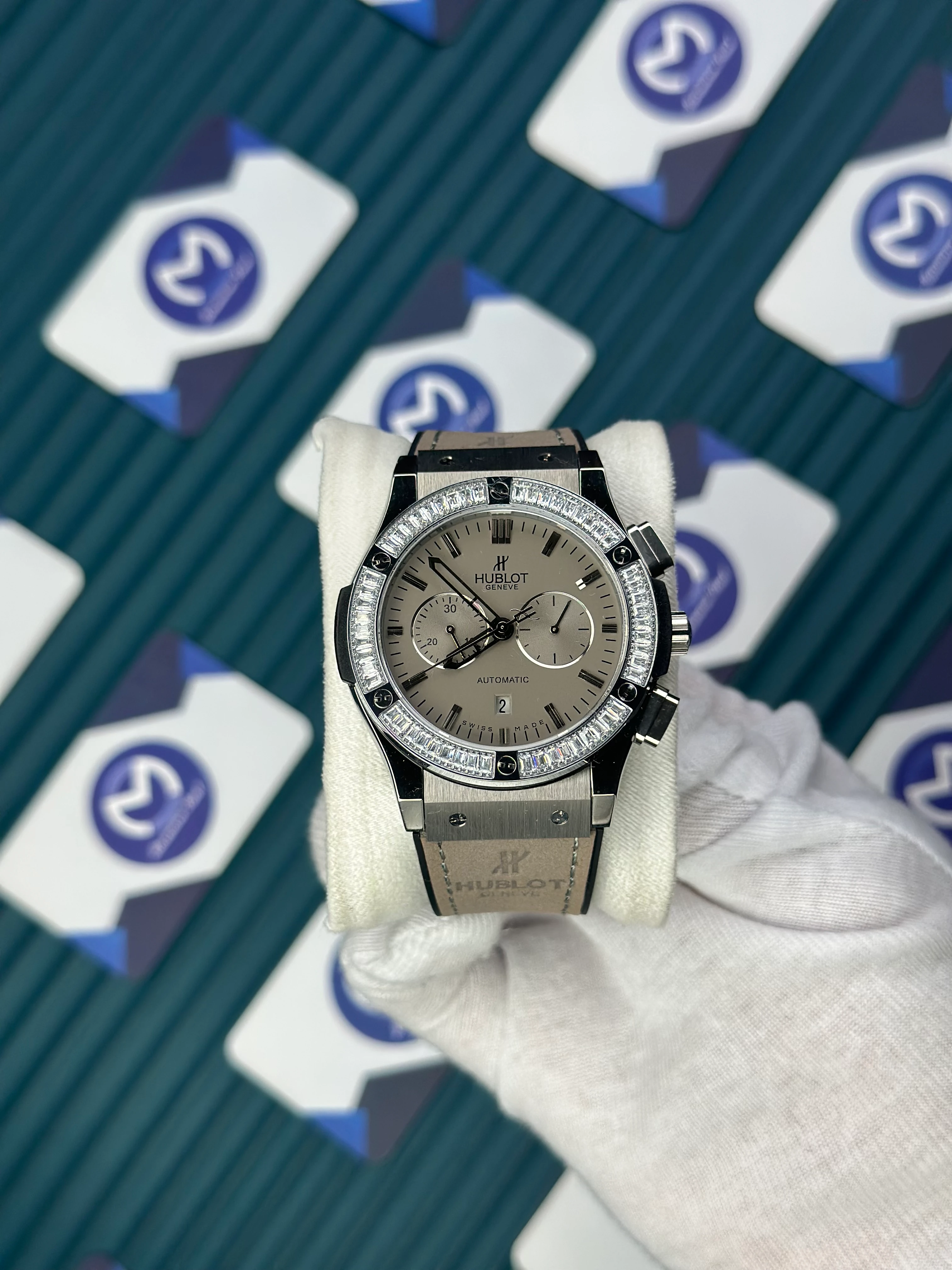 HUBLOT AUTOMATIC CREAM CHRONOGRAPH DIAL DIAMOND BEZEL CREAM LEATHER CORD 