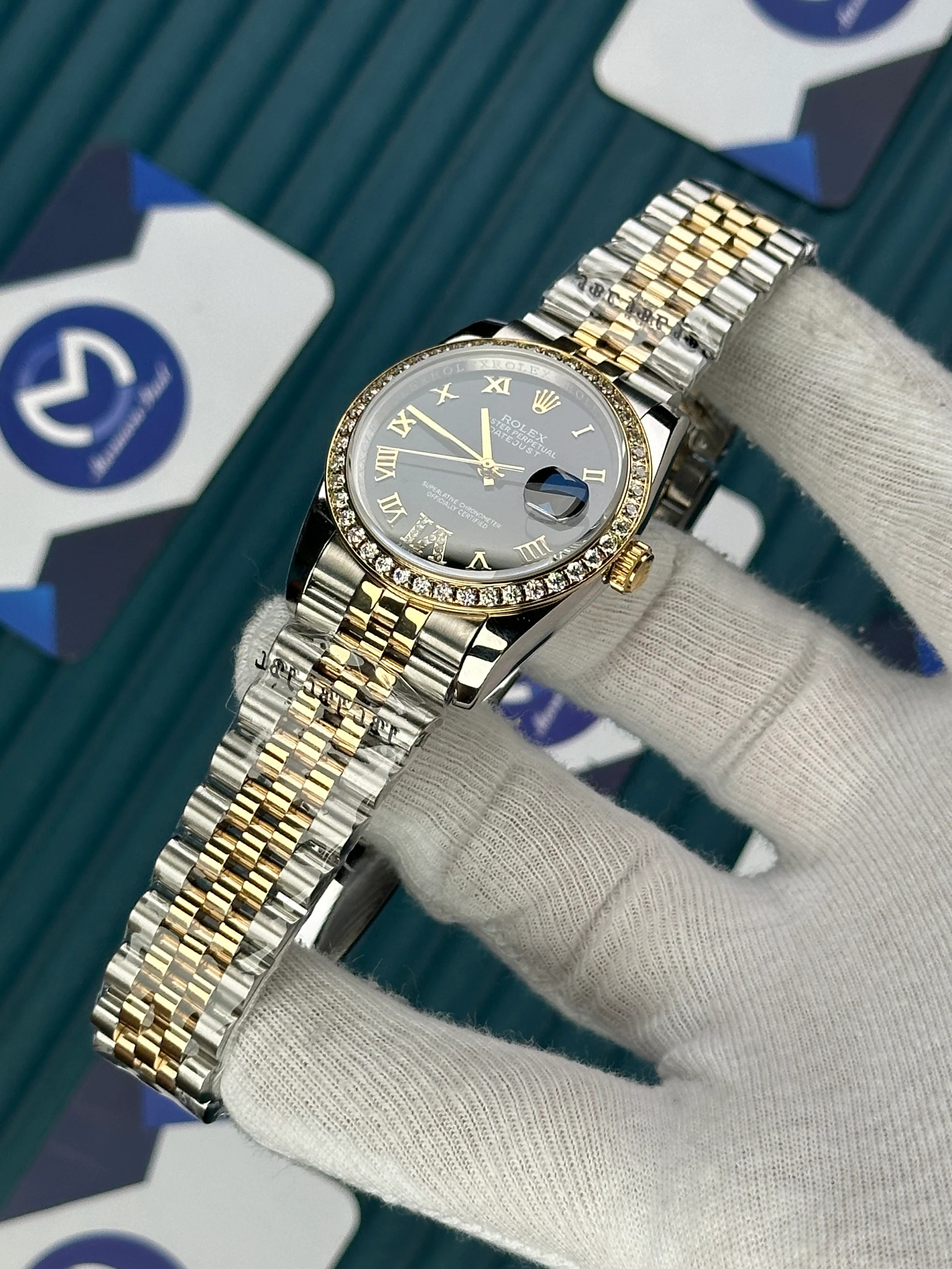 ROLEX 36 MM DATEJUST BLACK DIAL ROMA DIAMOND INDEX DIAMOND BEZEL GOLD-SILVER JUBILE