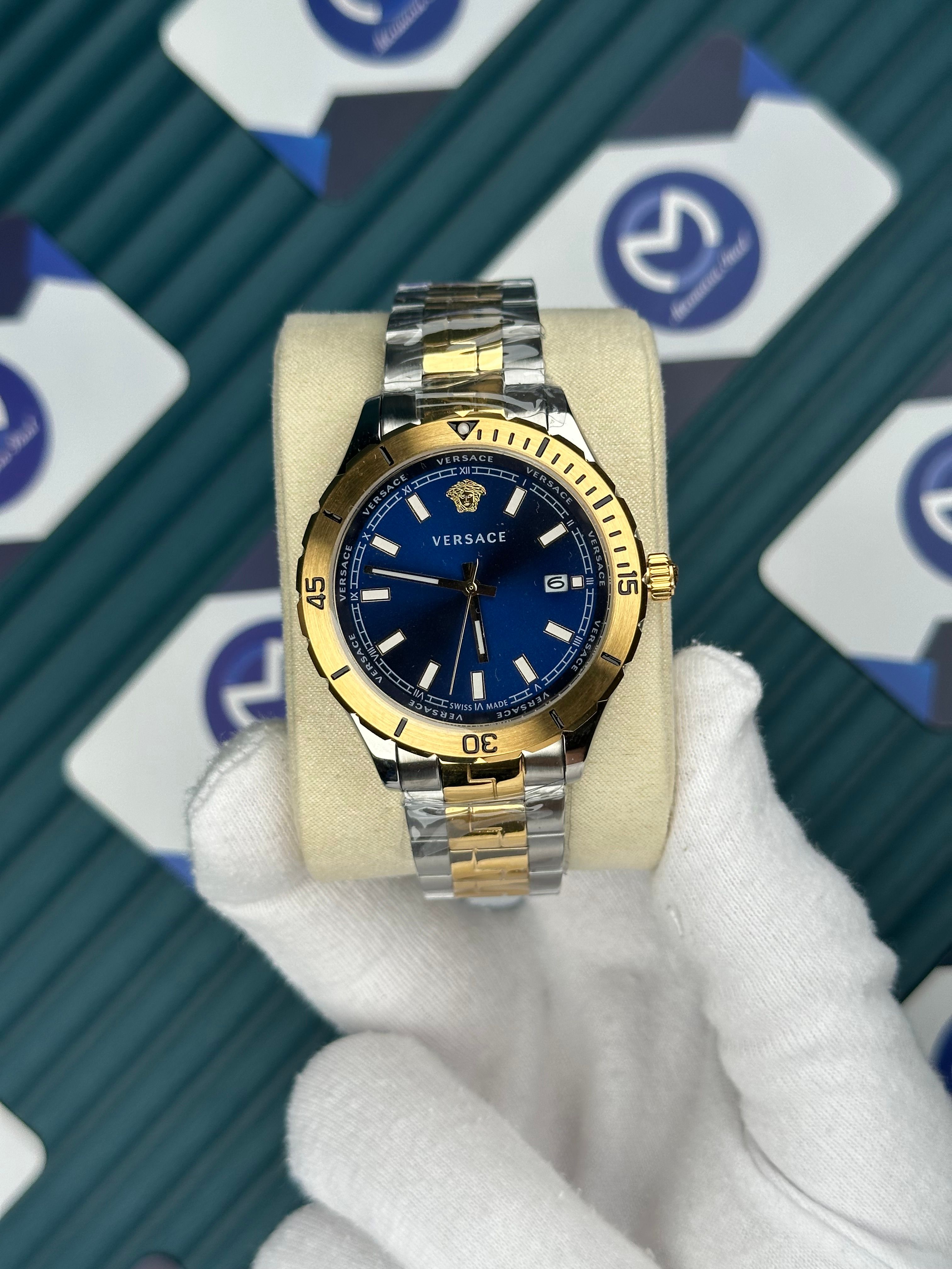 Versace Gold-Silver Oyster Mavi Kadran