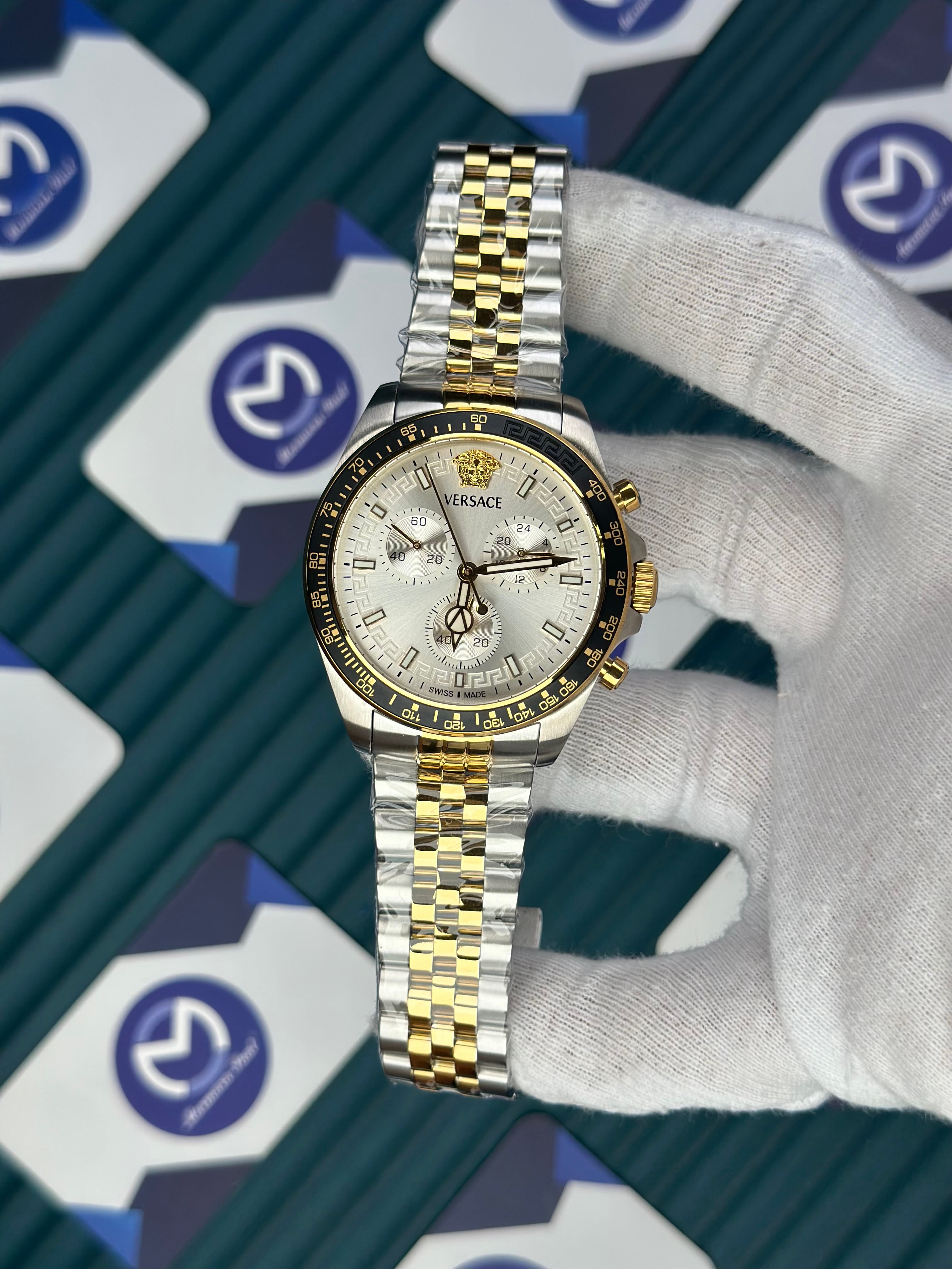 VERSACE NEW WHITE DIAL CHRONOGRAPH GOLD-SILVER JUBILE