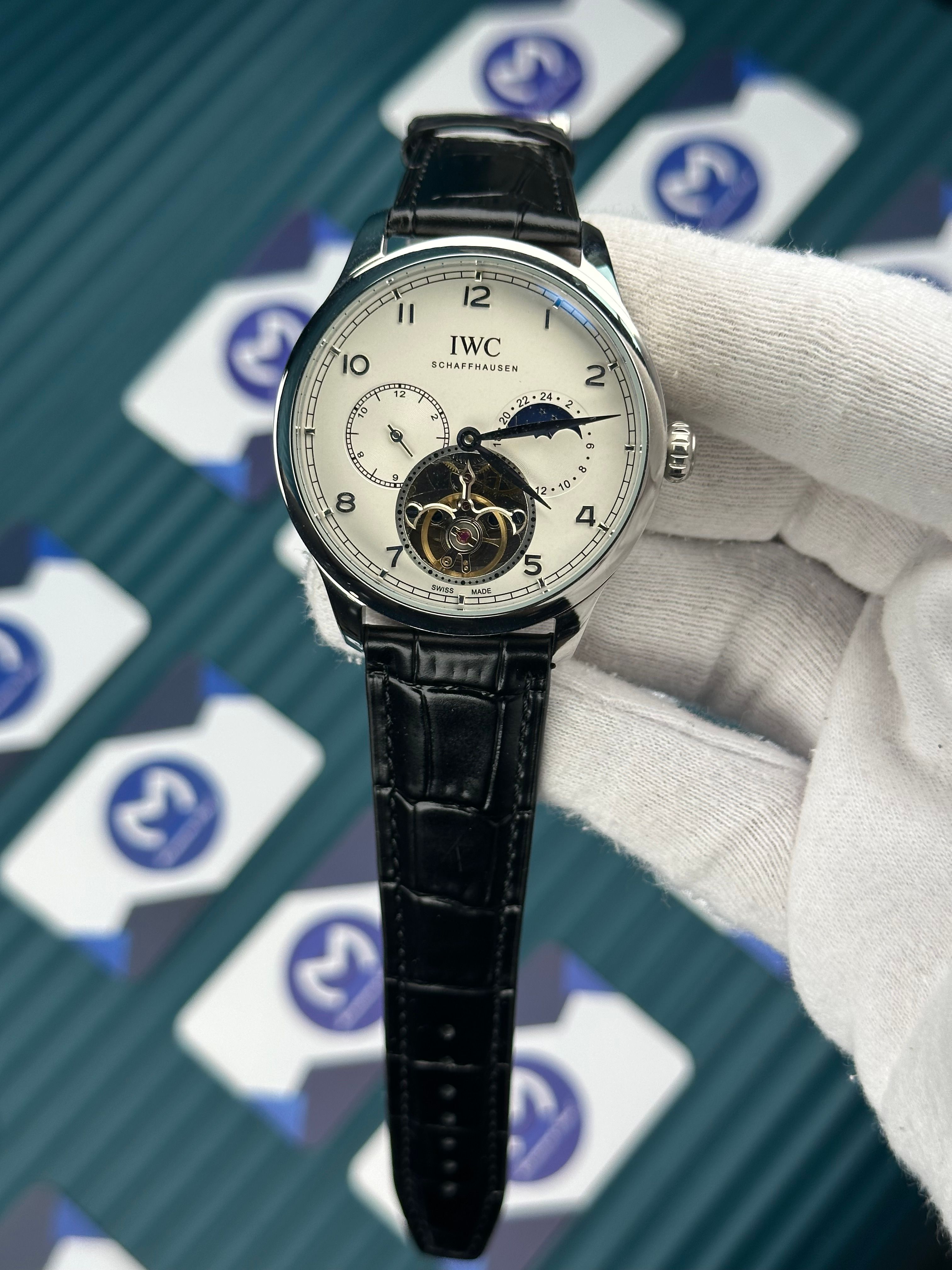 IWC PORTUGUESE TOURBILLON SILVER CASE WHITE DIAL BLACK CORD