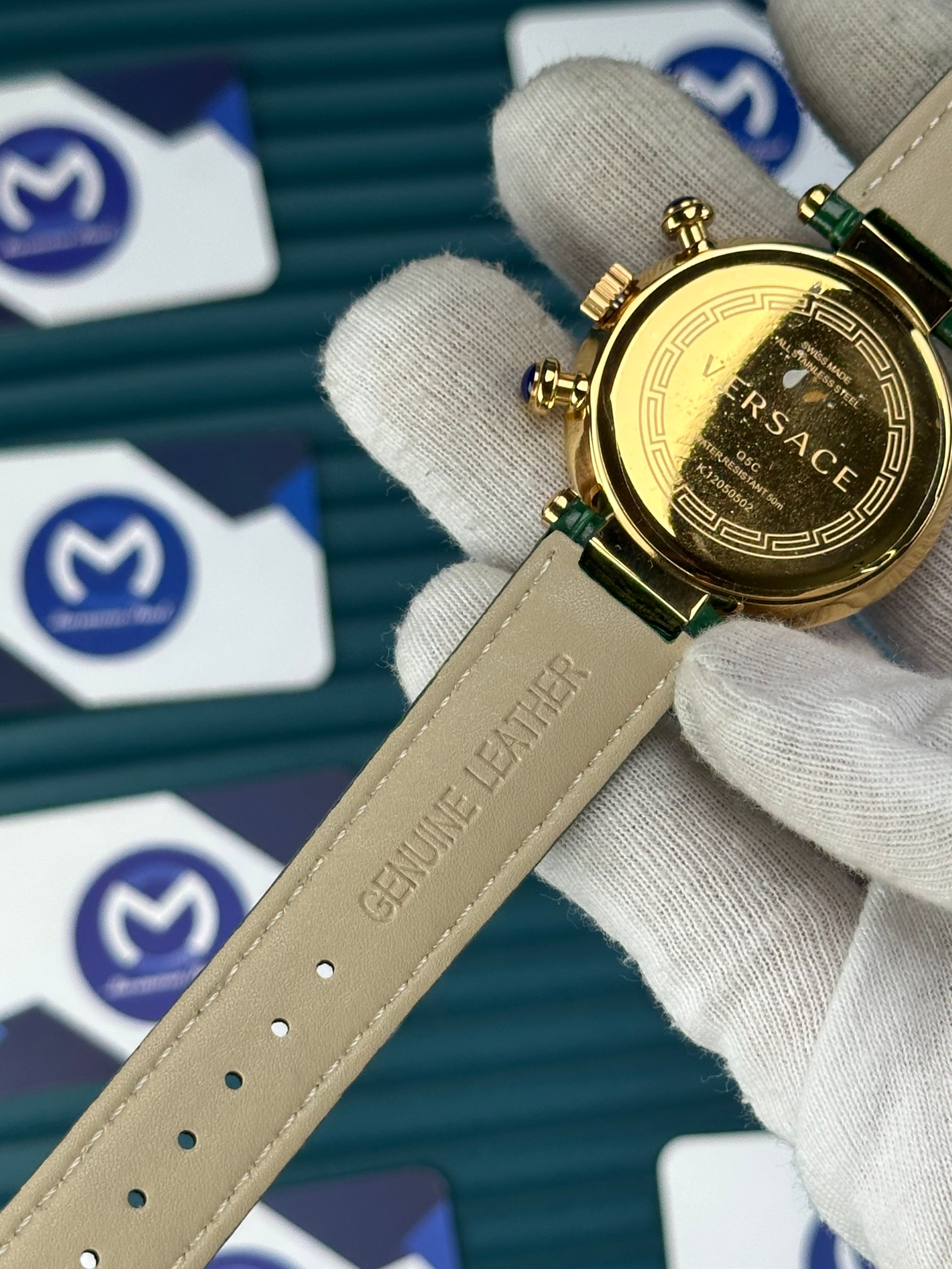 VERSACE 38 GREEN DIAL GOLD CASE DIAMOND BEZEL CHRONOGRAPH GREEN LEATHER CORD