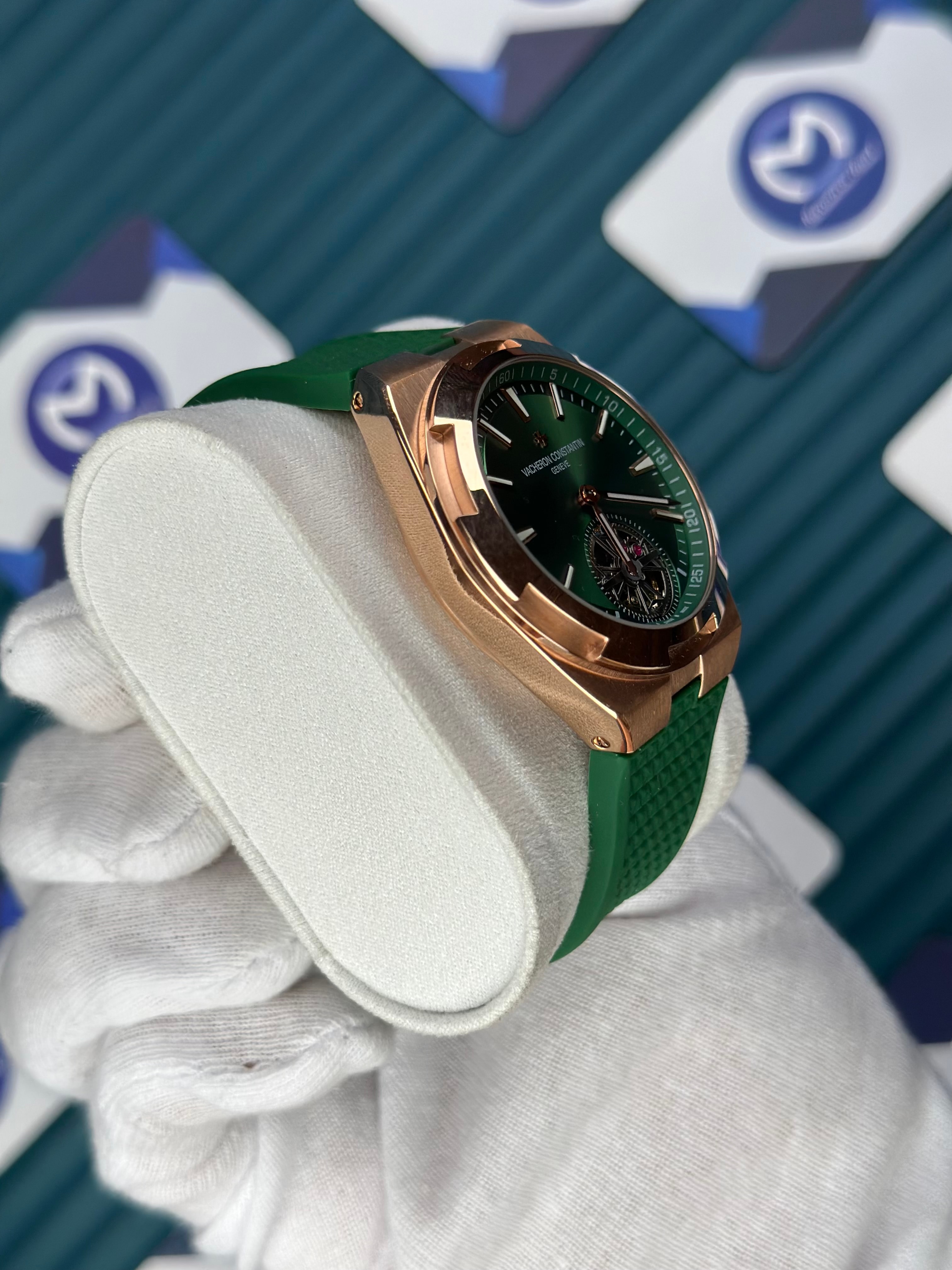 VACHERON CONSTANTIN GREEN DIAL ROSE CASE TOURBILLON OVERSEAS GREEN RUBBER