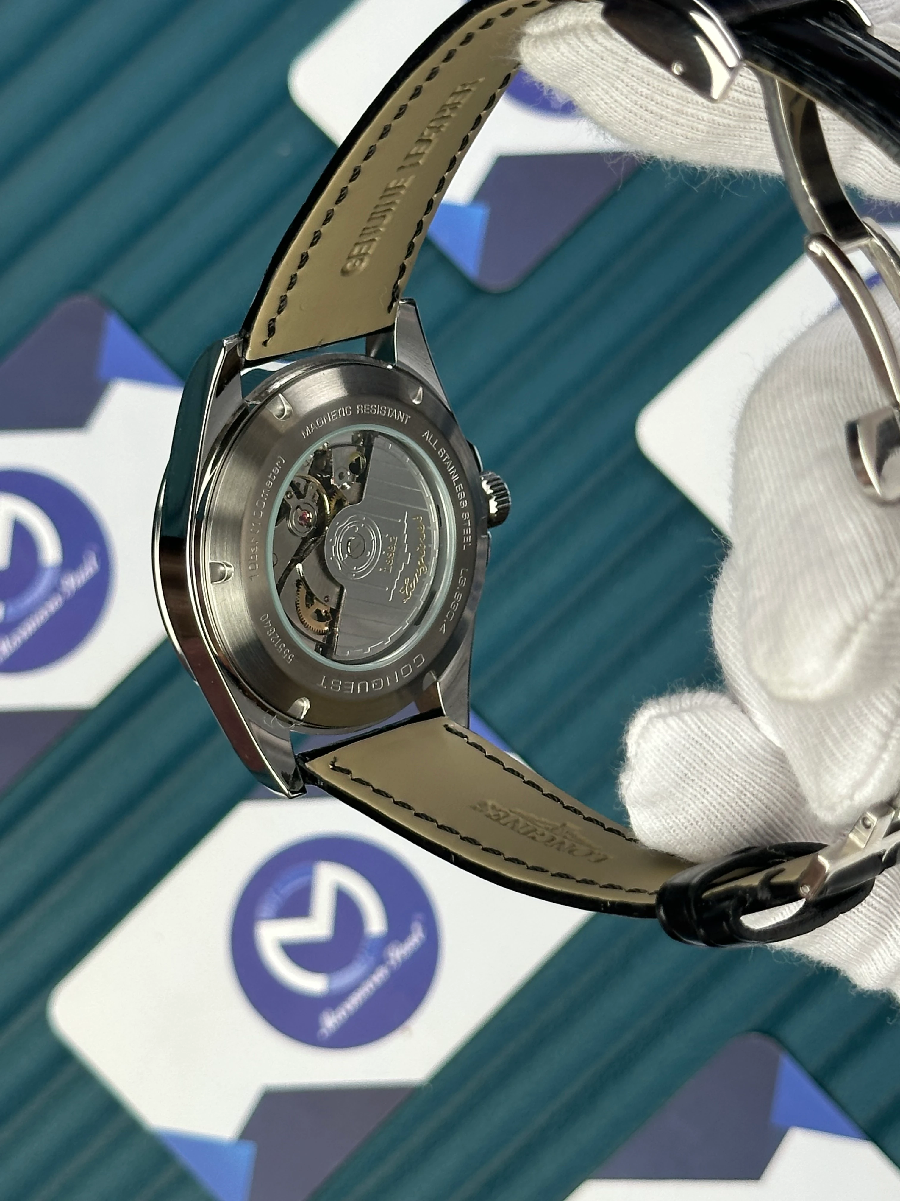 LONGINES CONQUEST AUTOMATIC BLACK DIAL SILVER CASE BLACK LEATHER 