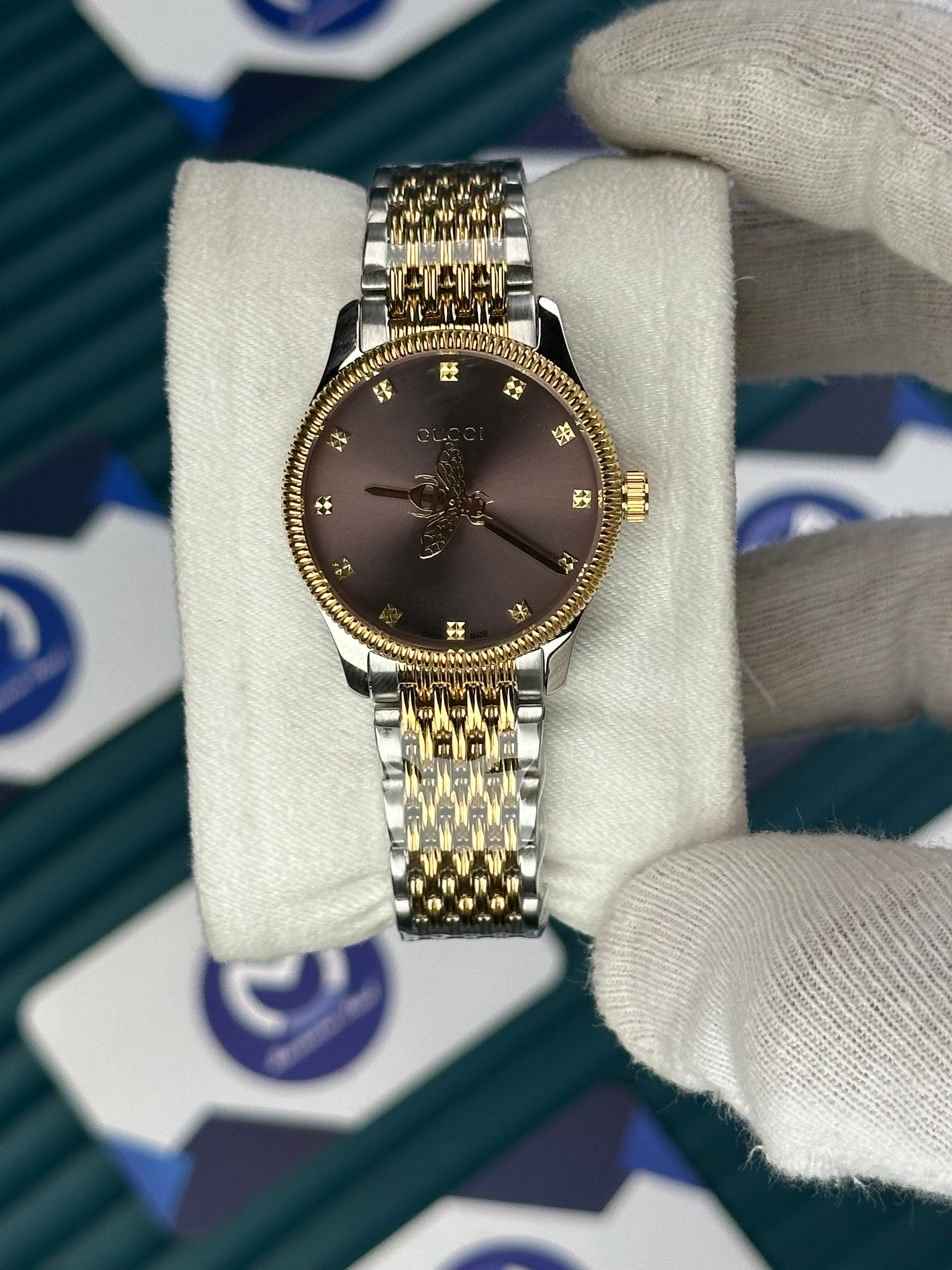 GUCCI CHOCOLATE DIAL SPINNING BUTTERFLY GOLD-SILVER