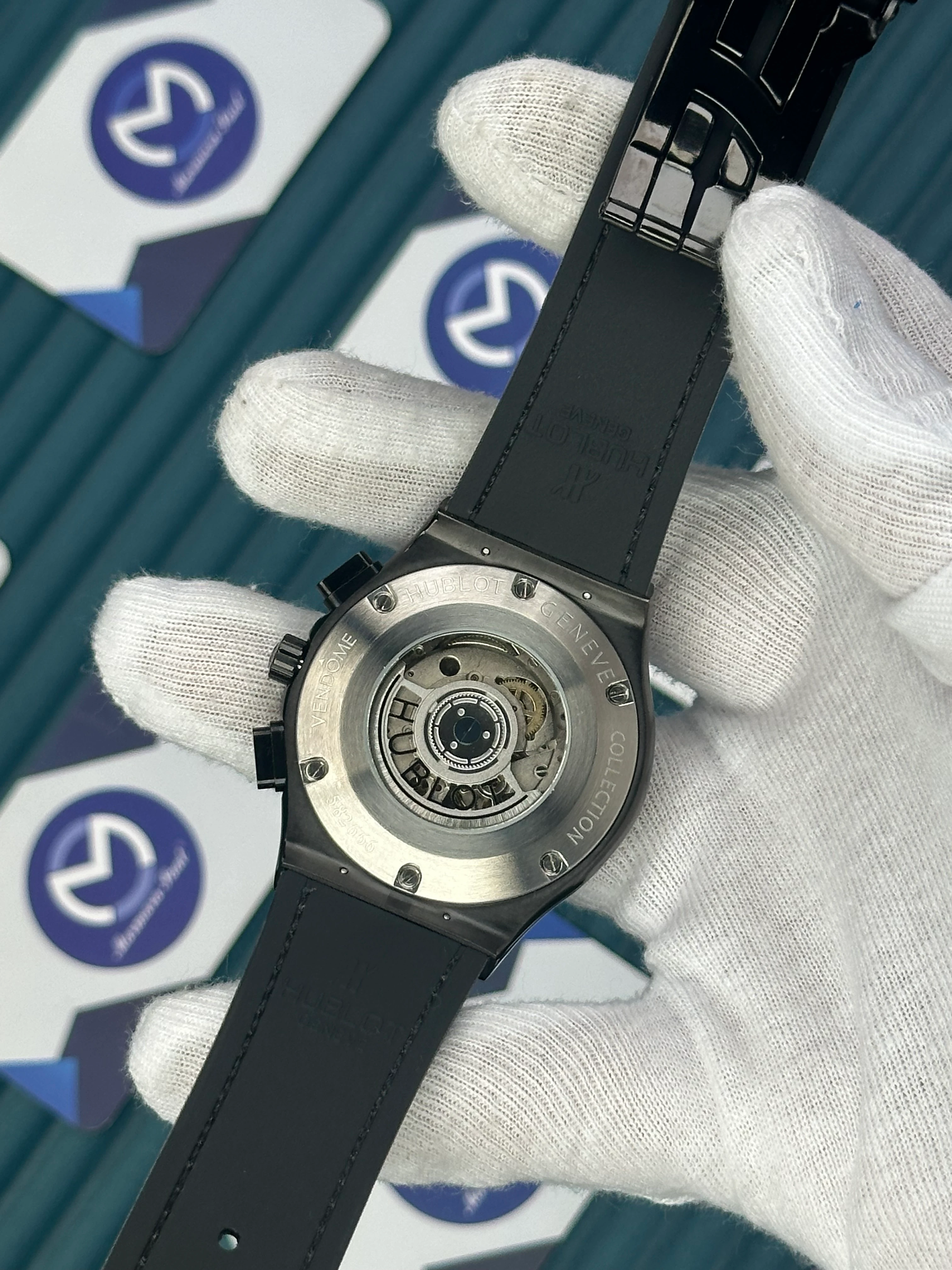 HUBLOT AUTOMATIC SKELETON DIAL BLACK CASE GREEN LEATHER CORD 