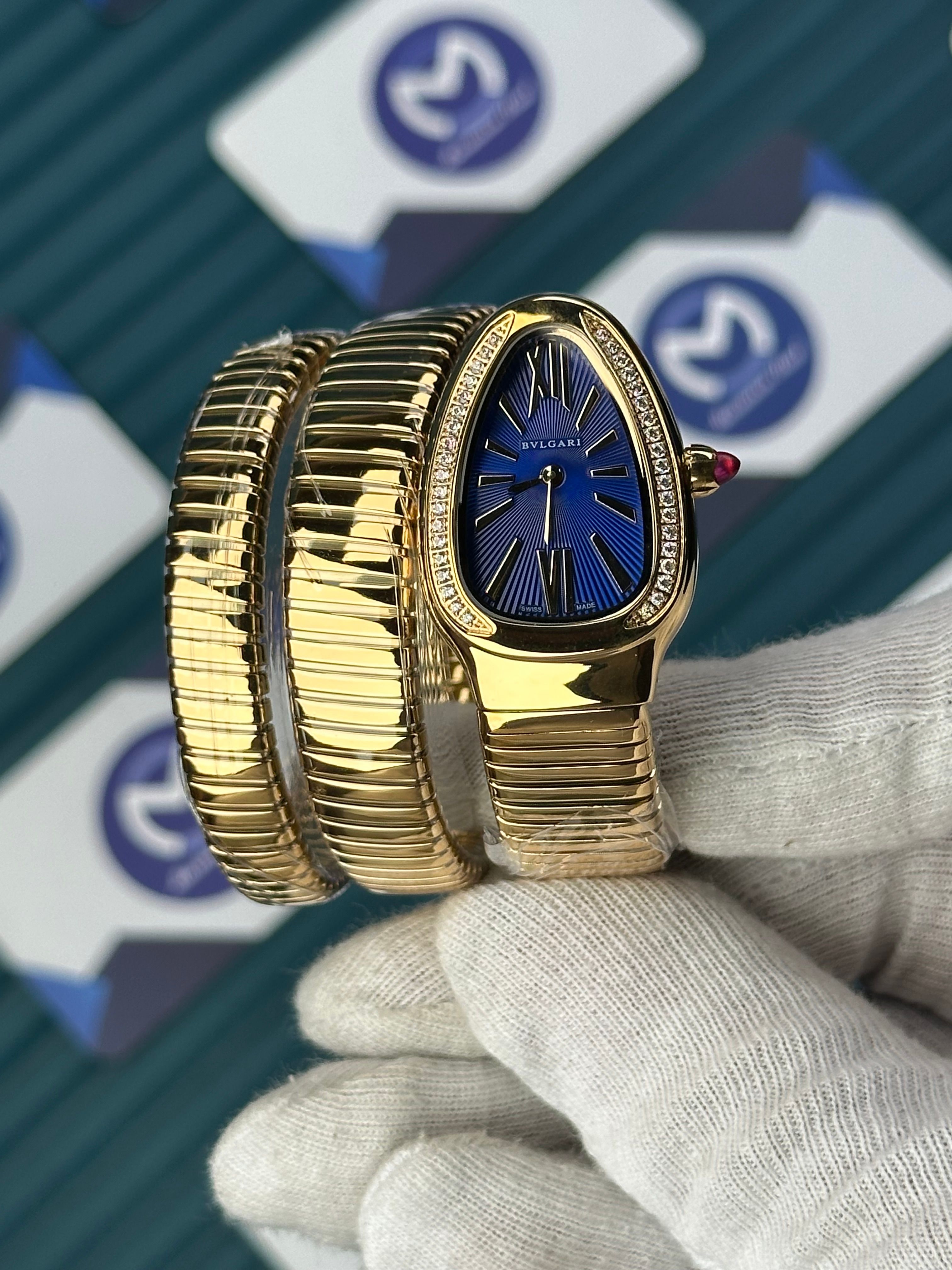 BVLGARI SERPENTI BLUE DIAL DIAMOND BEZEL GOLD LONG TUBOGAS