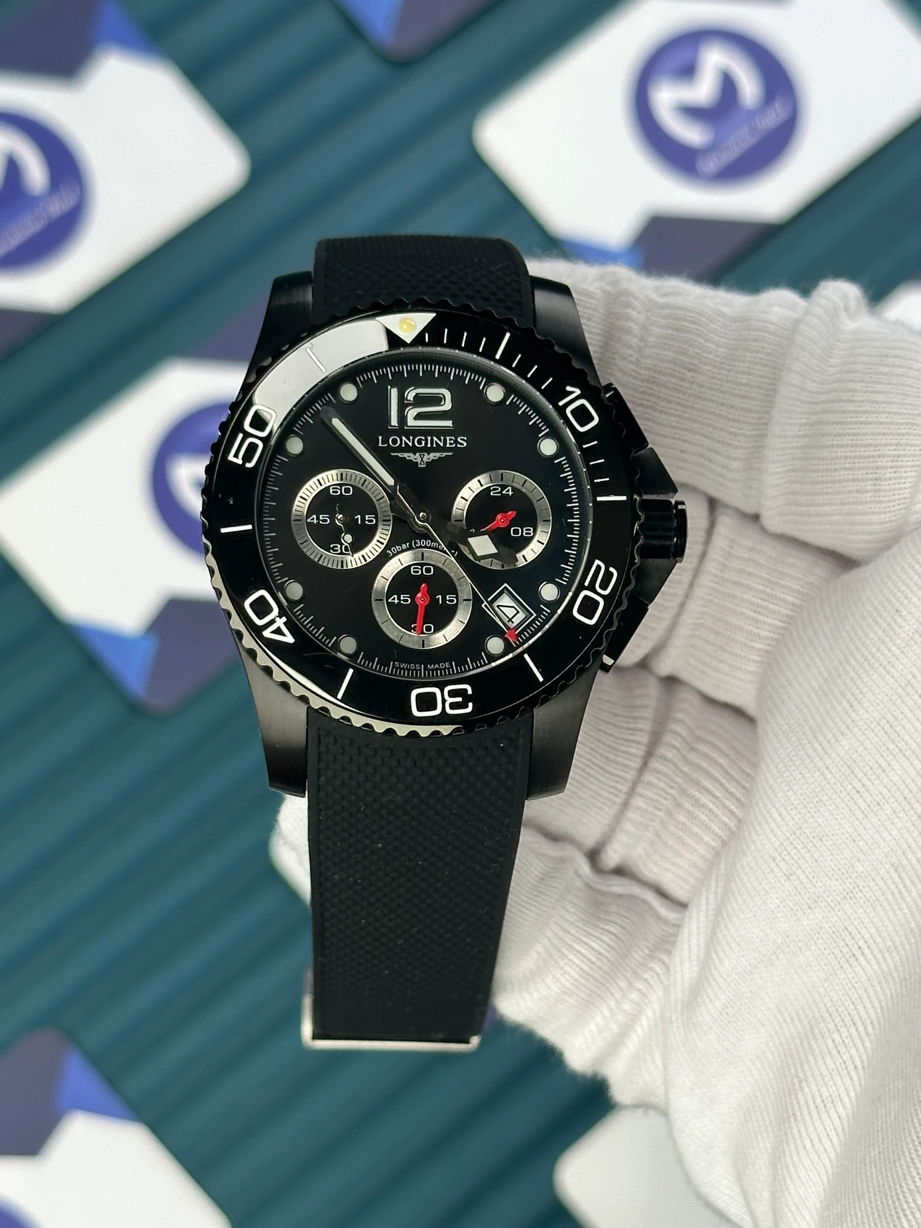 LONGINES HYDROCONQUEST AUTOMATIC BLACK DIAL CHRONOGRAPH BLACK RUBBER 