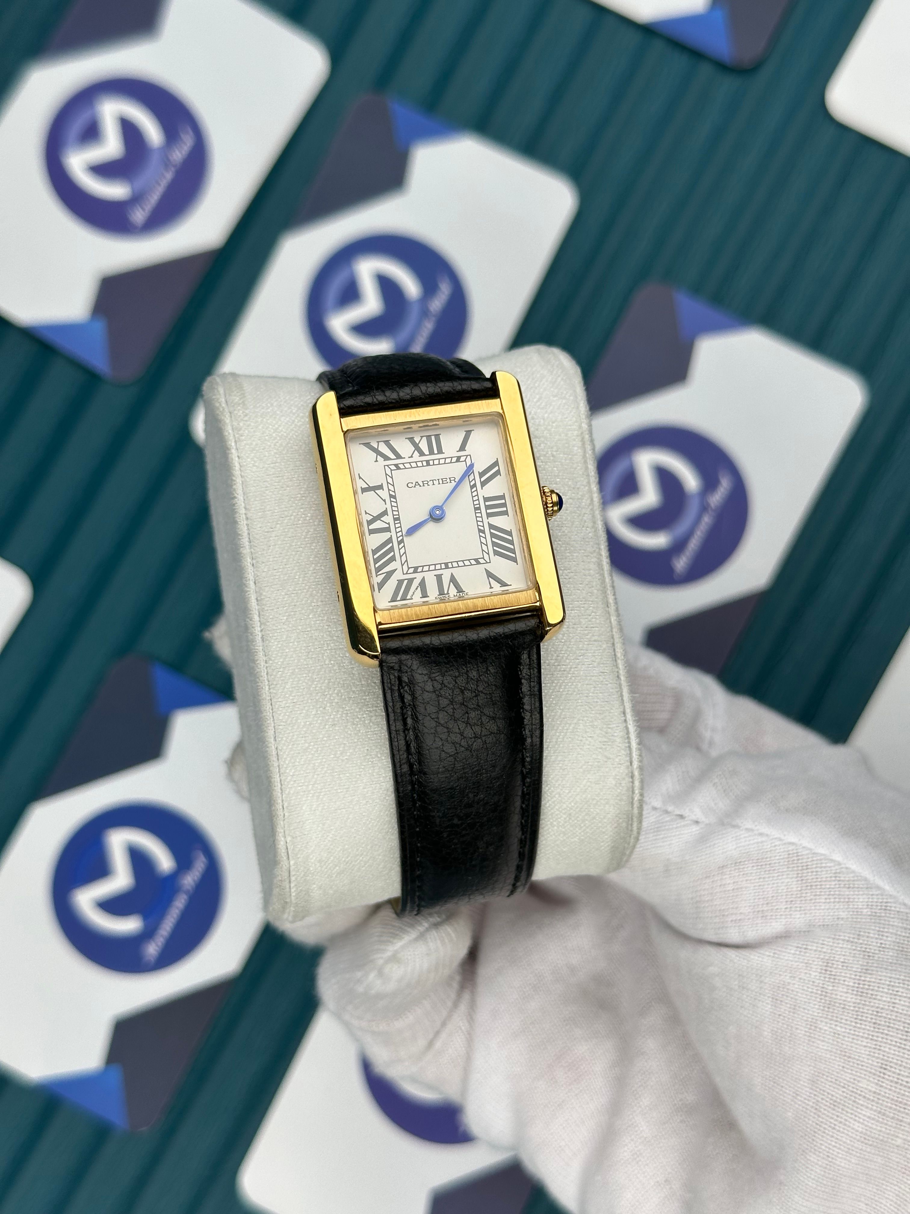 CARTIER WOMAN TANK WHITE DIAL GOLD CASE BLACK LEATHER