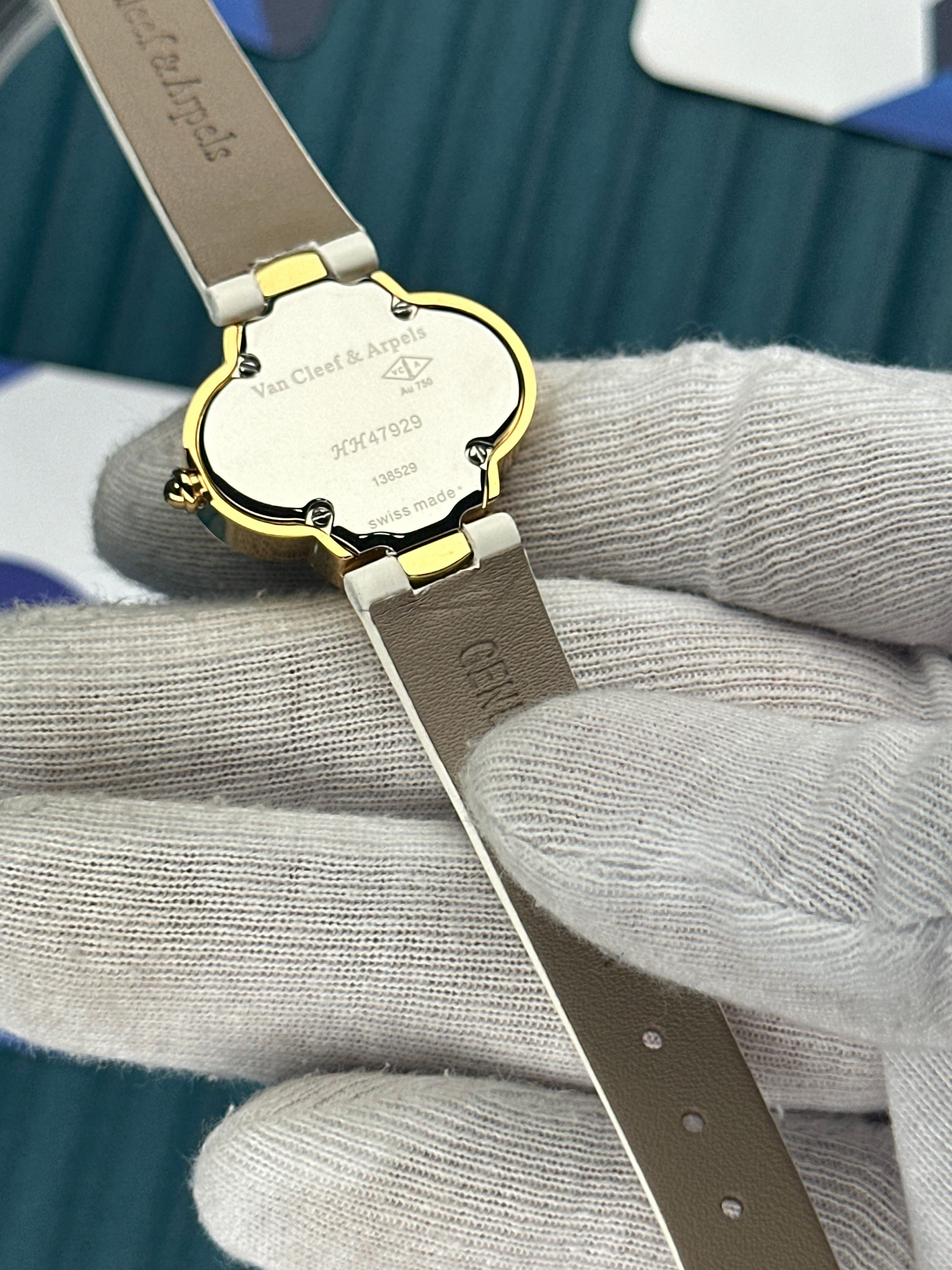 VAN CLEEF & ARPELS WHITE DIAL DIAMOND BEZEL GOLD CASE WHITE LEATHER CORD
