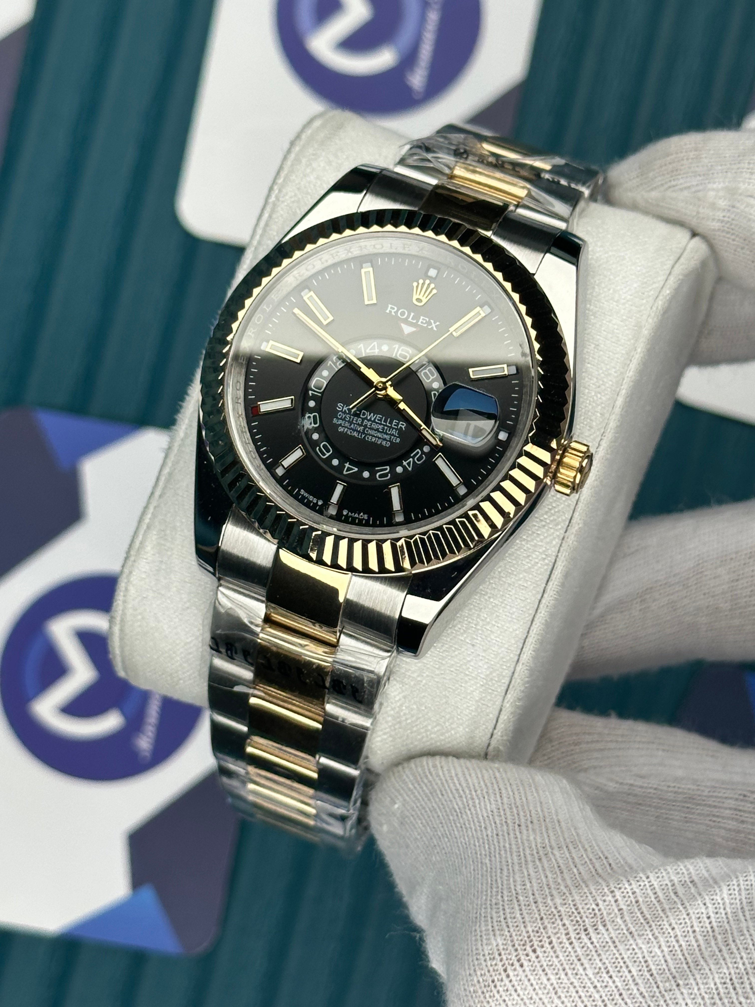 ROLEX SKY-DWELLER BLACK DIAL GOLD-SILVER OYSTER