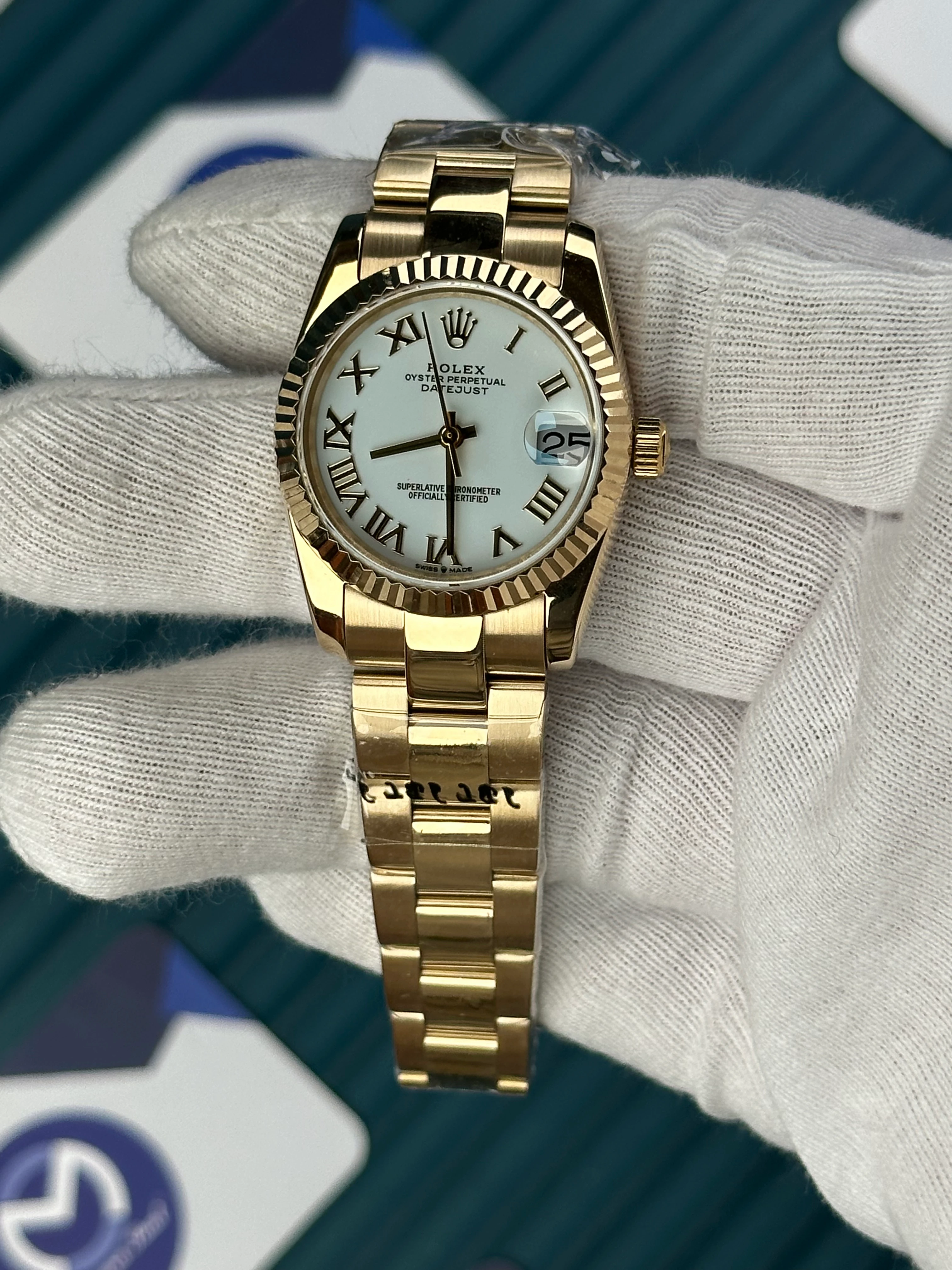 ROLEX 31 MM DATEJUST WHITE DIAL ROMA INDEX GOLD OYSTER 