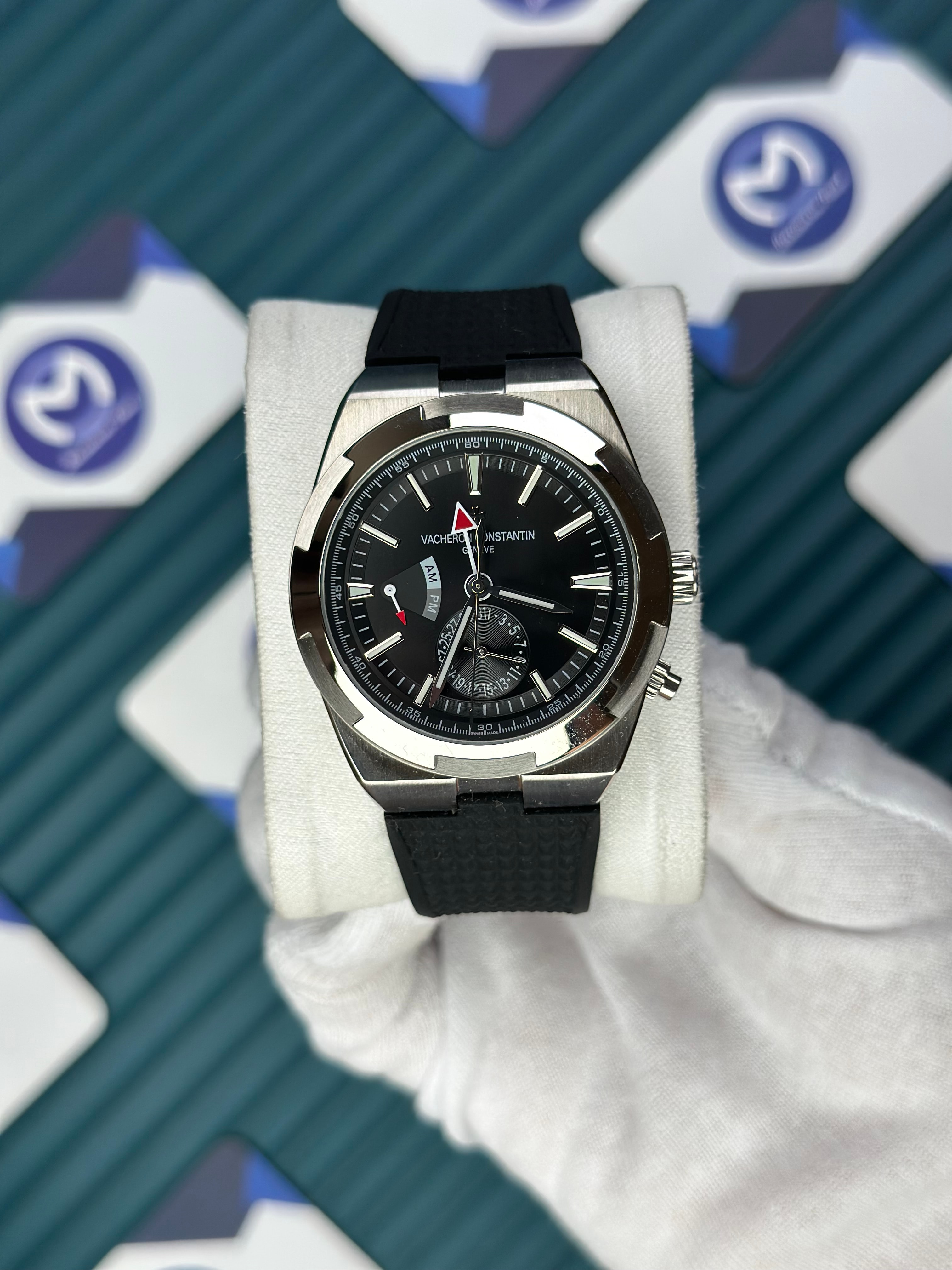 VACHERON CONSTANTIN BLACK DIAL SILVER CASE DUAL TIME OVERSEAS BLACK RUBBER