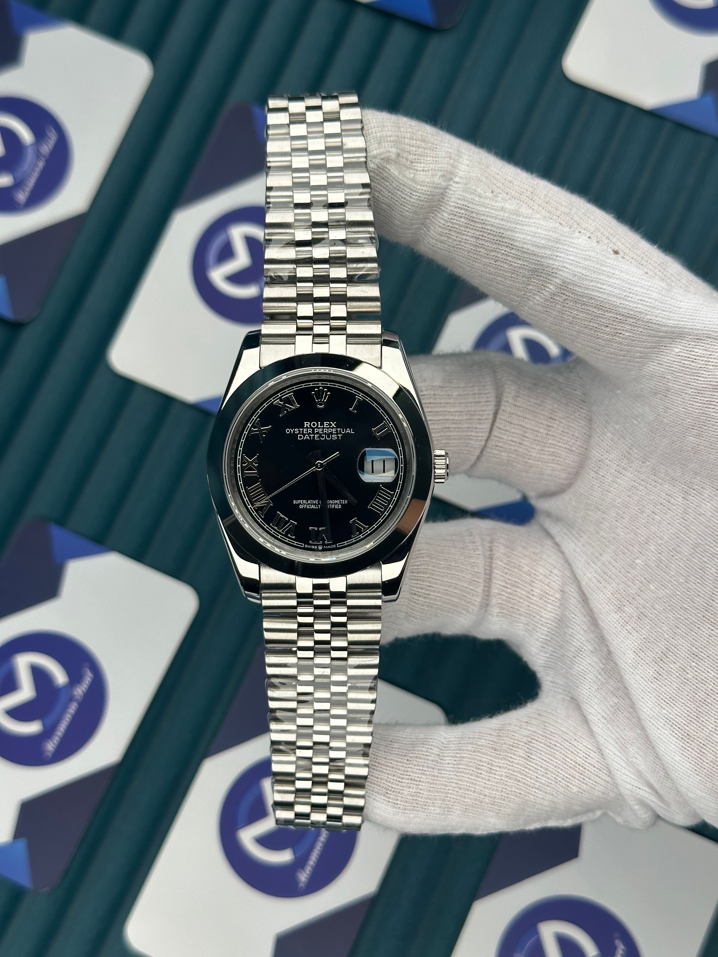 ROLEX DATEJUST BLACK DIAL SILVER ROMA INDEX SILVER JUBILE