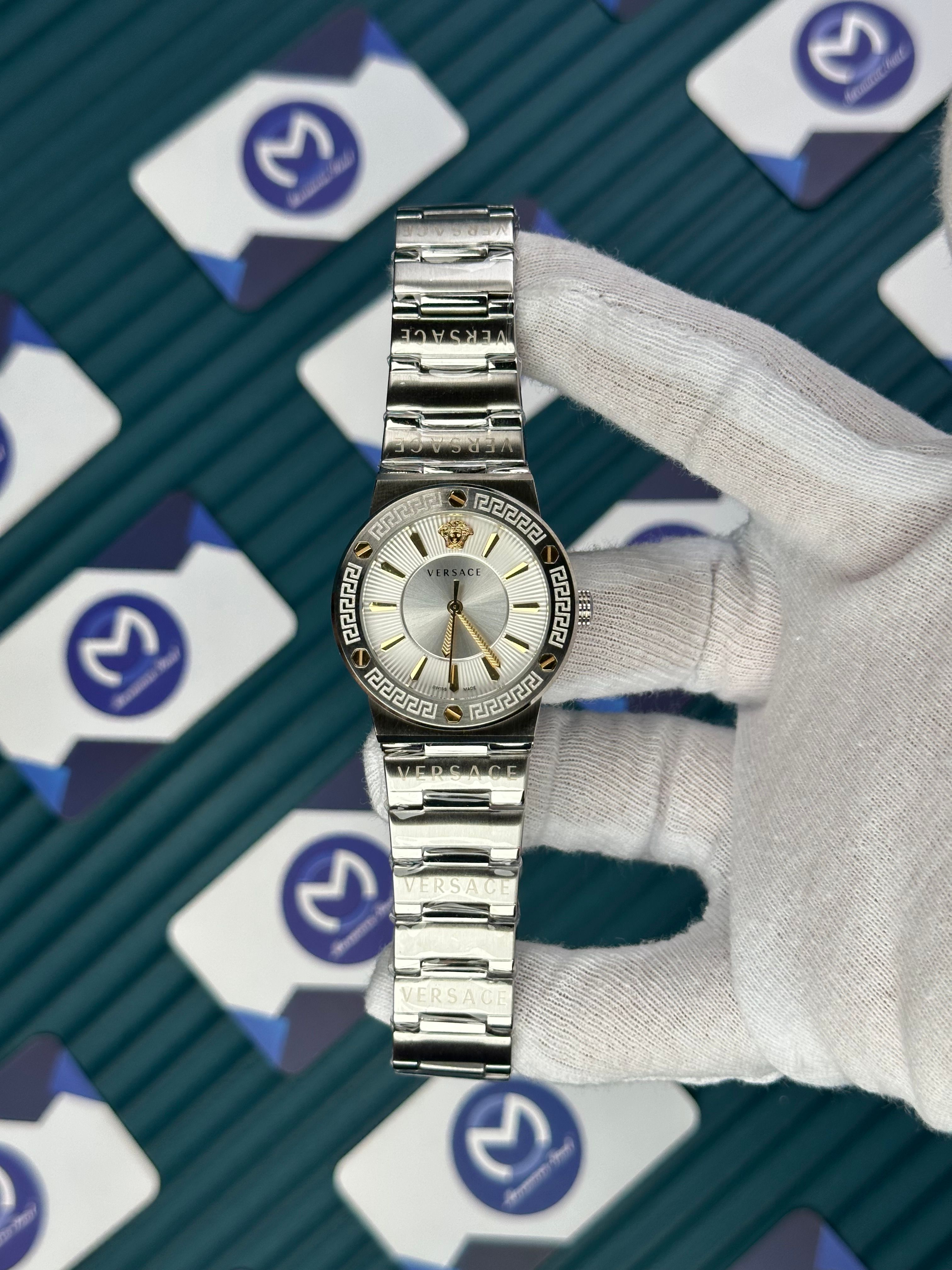 VERSACE 36 WHITE DIAL GOLD INDEX SILVER CORD 