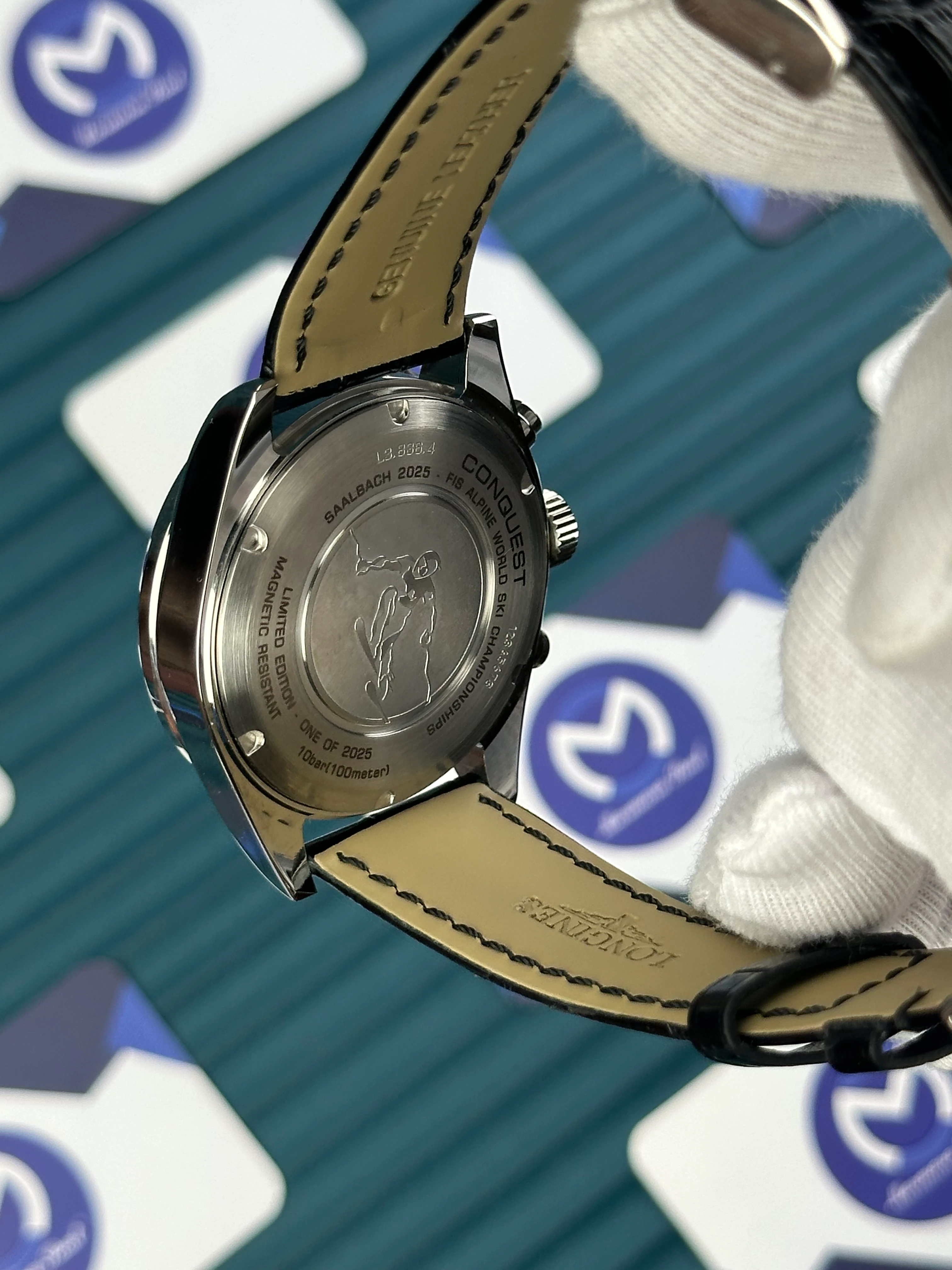 LONGINES CONQUEST AUTOMATIC LIMITED EDITION BLACK DIAL WHITE CHRONOGRAPH BLACK LEATHER 