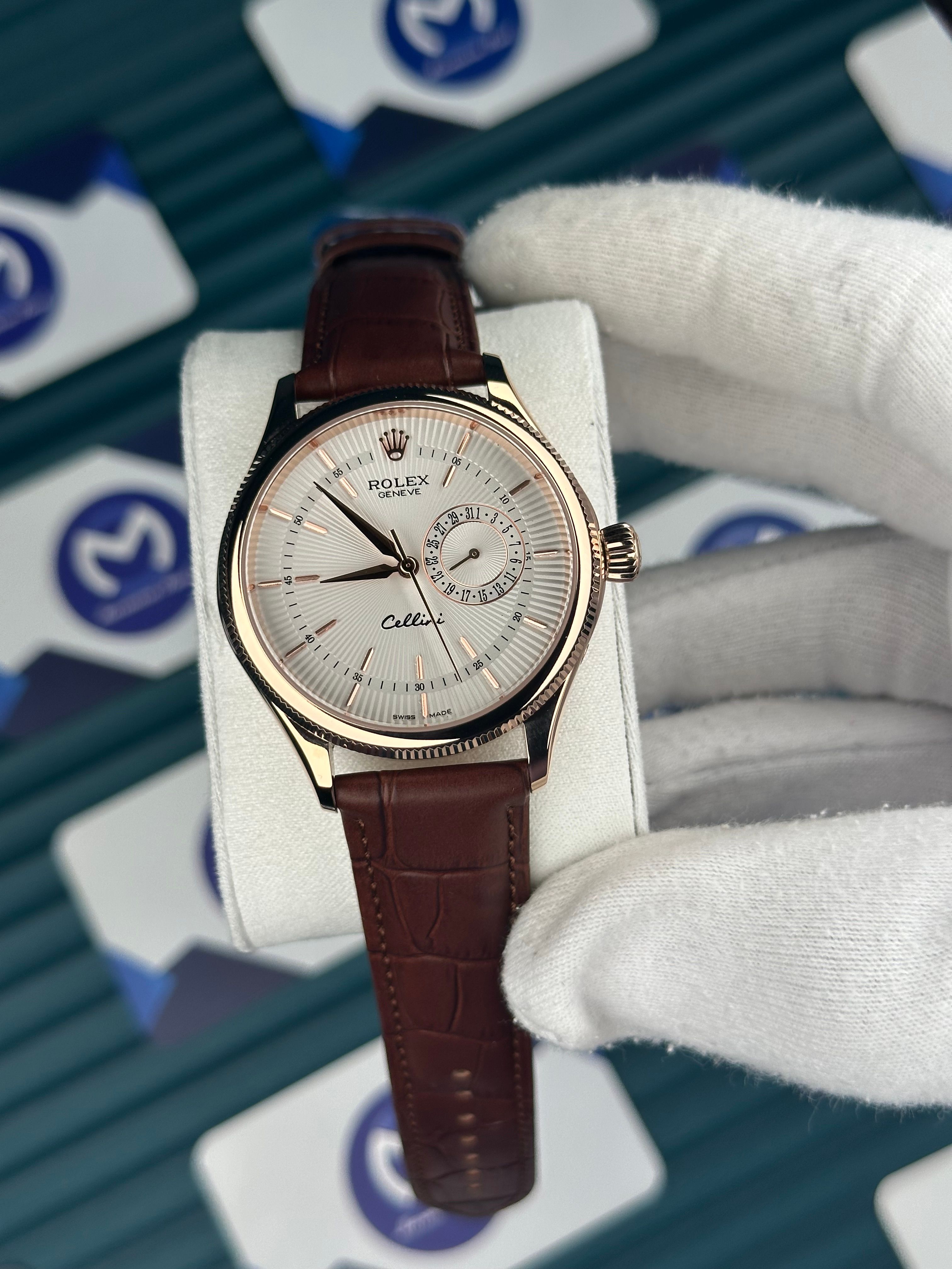 Rolex Cellini Rose Kasa Fonksiyonlu Beyaz Kadran Kahverengi Deri Kordon
