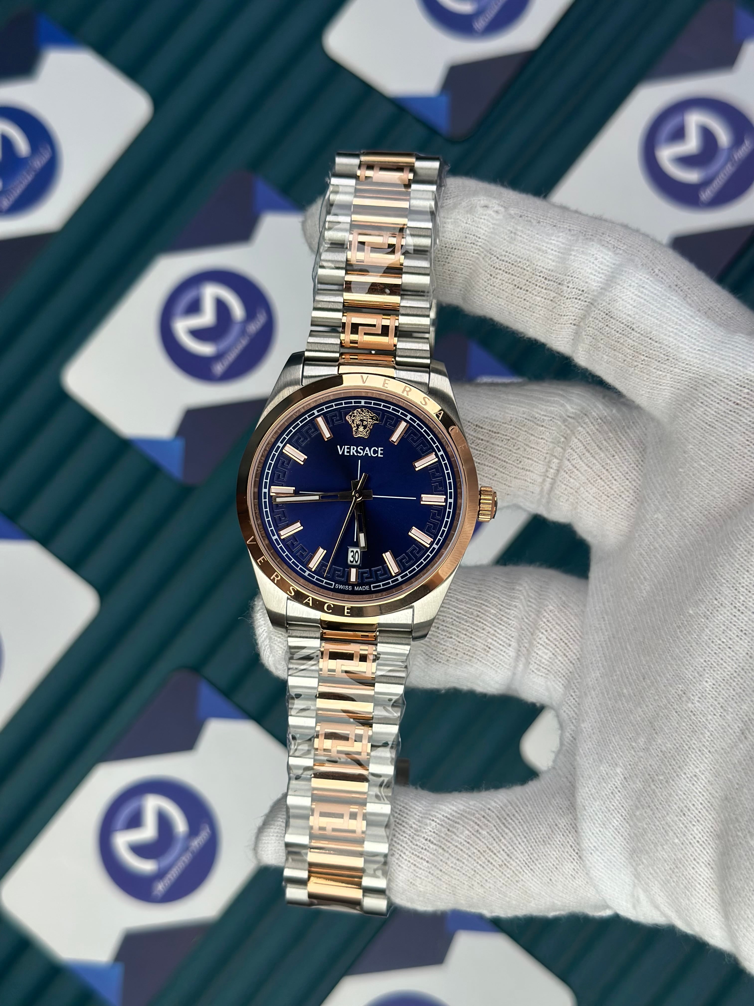 VERSACE NEW NAVY BLUE DIAL ROSE-SILVER PRESIDENT
