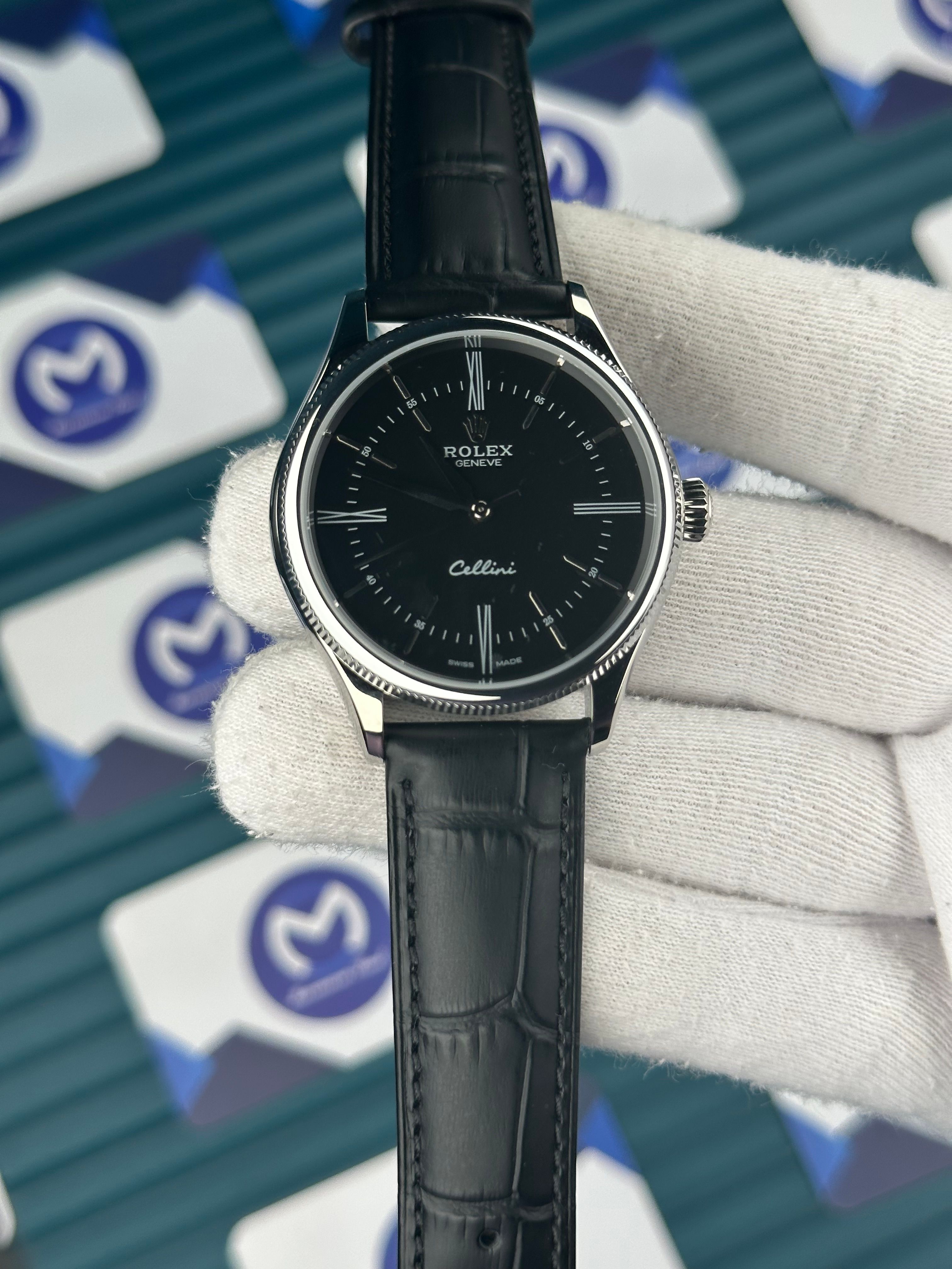 Rolex Cellini Gümüş Kasa Siyah Deri Kordon