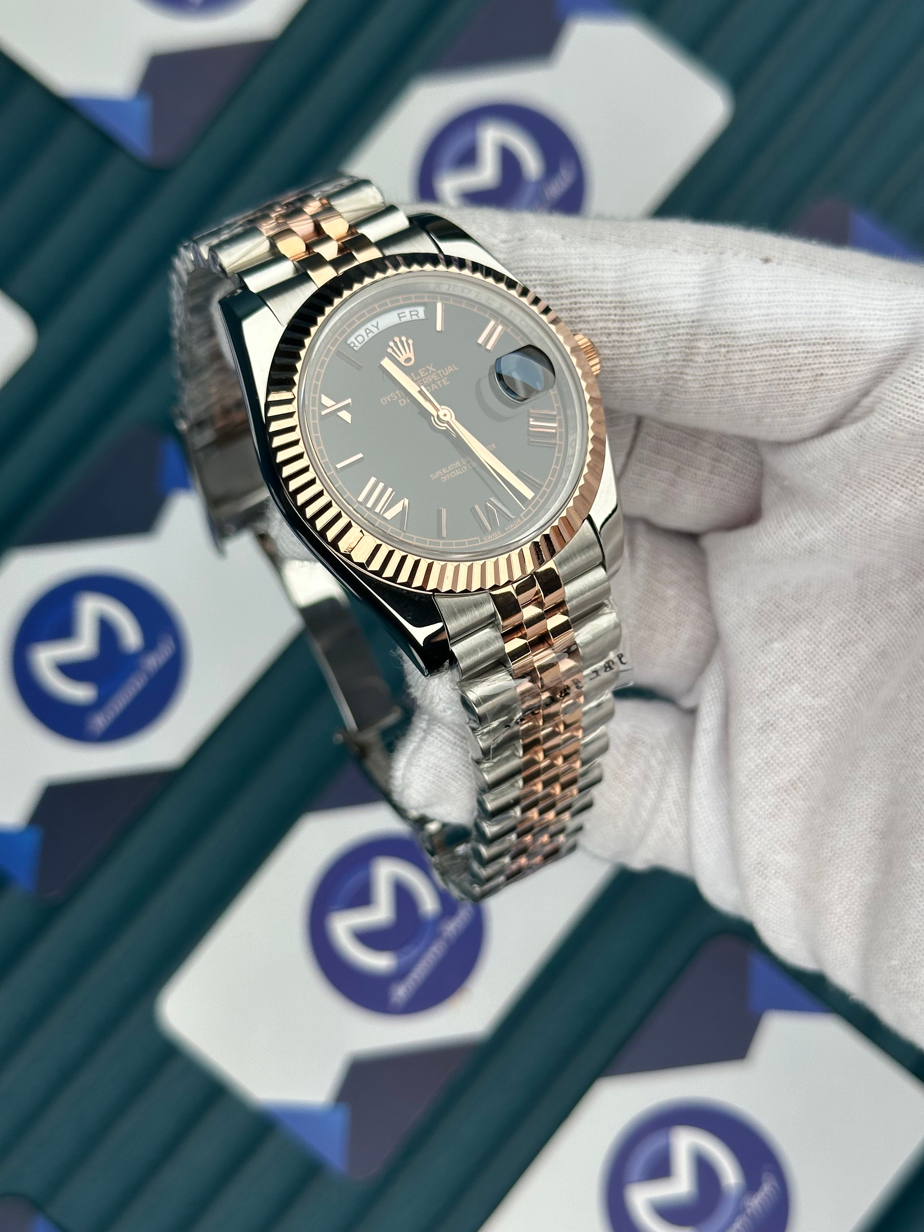 ROLEX DAY-DATE BLACK DIAL ROMA INDEX ROSE-SILVER JUBILE