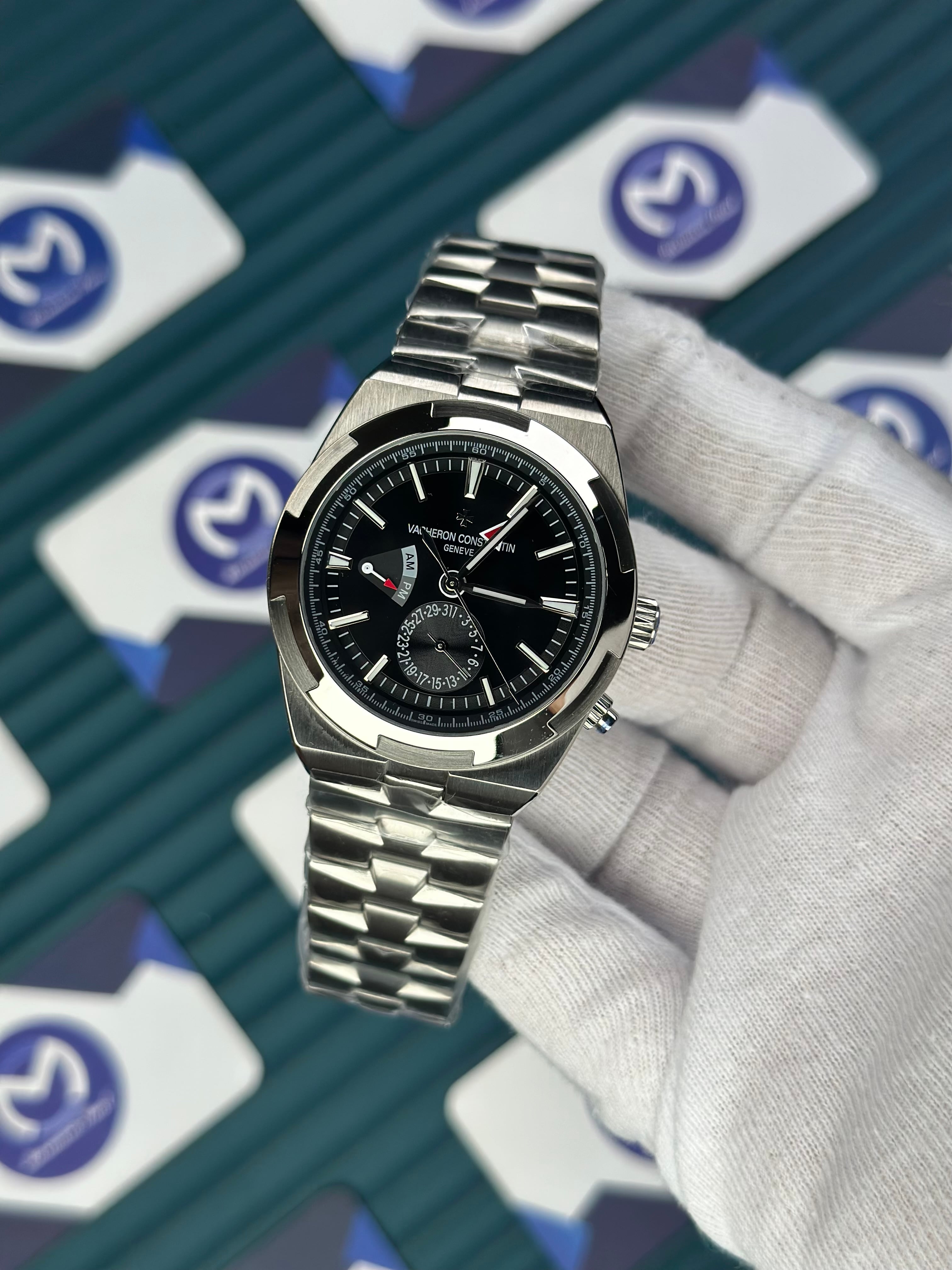 VACHERON CONSTANTIN BLACK OVERSEAS DUAL TIME SILVER