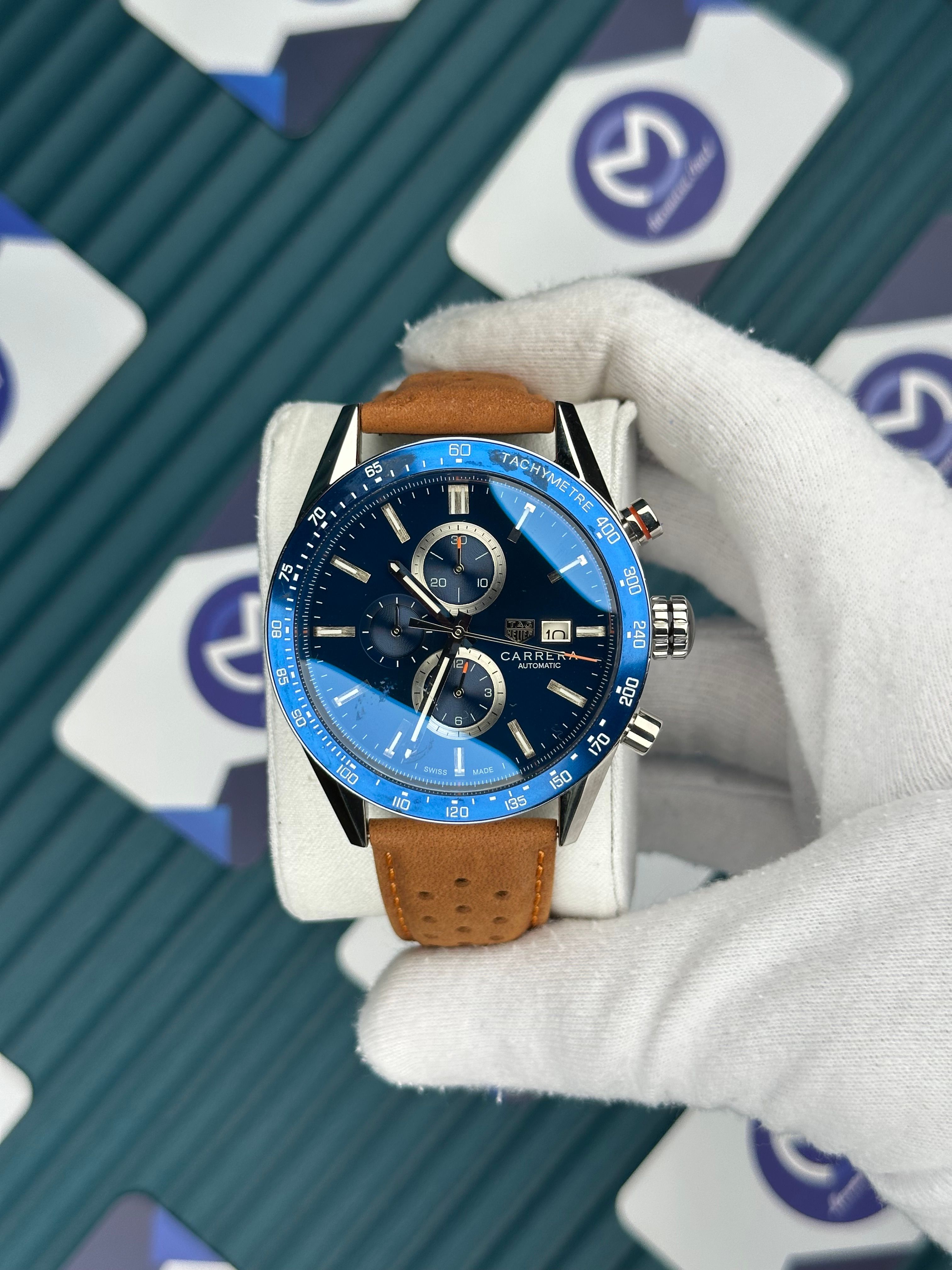 Tagheuer Carrera Mavi Kadran Kahverengi Deri Kordon