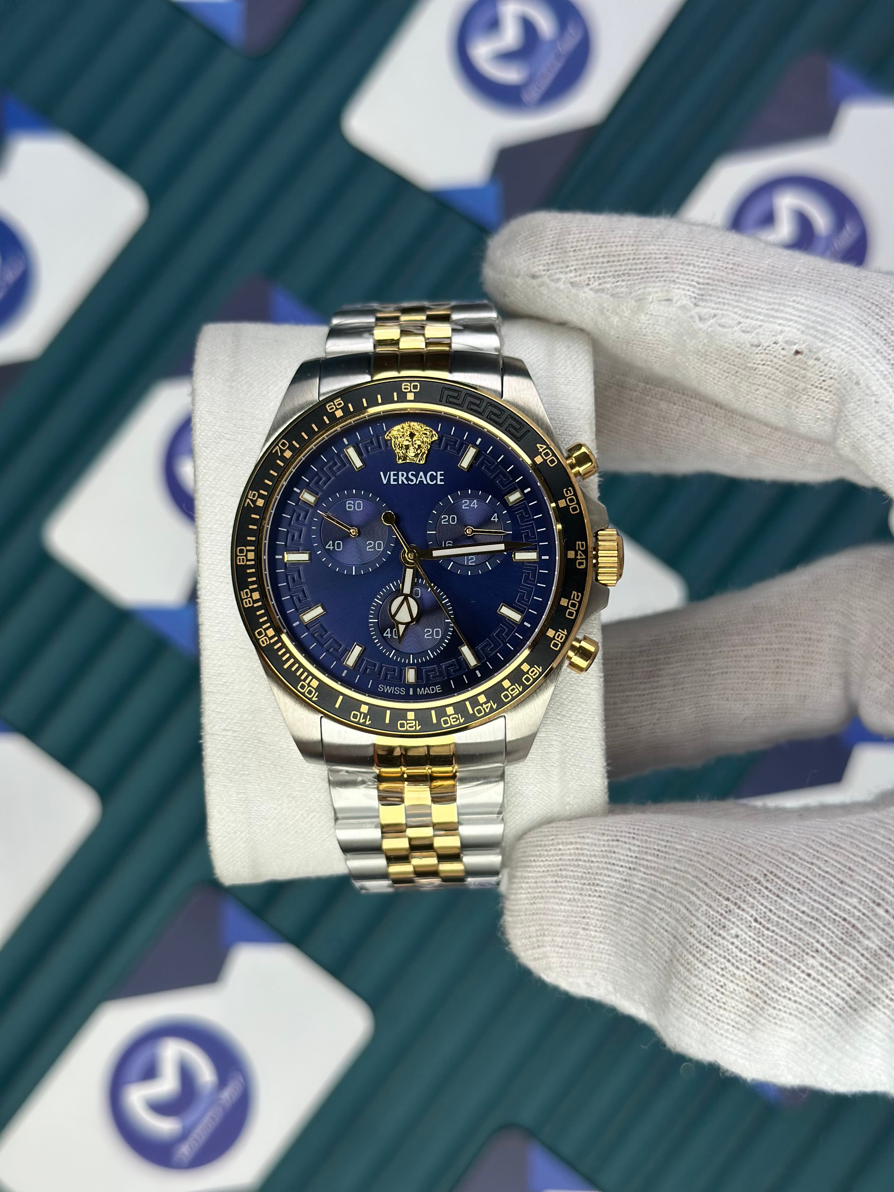 VERSACE NEW NAVY BLUE DIAL CHRONOGRAPH GOLD-SILVER JUBILE