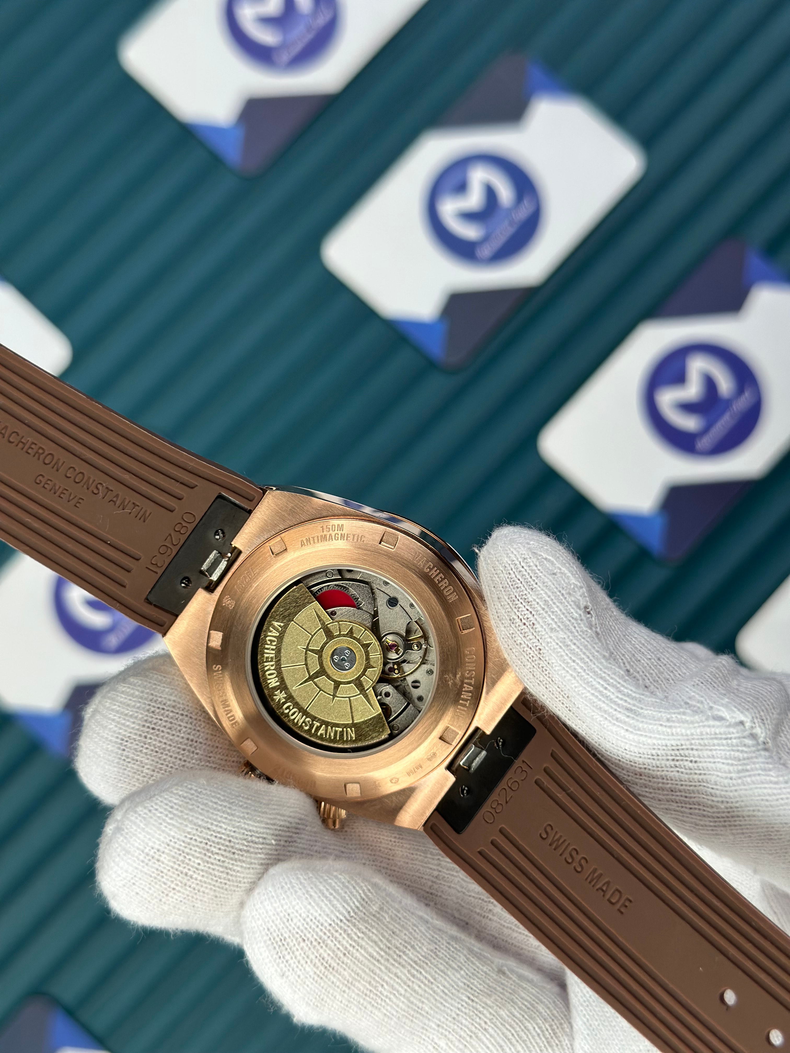 VACHERON CONSTANTIN WHITE DIAL ROSE CASE DUAL TIME OVERSEAS BROWN RUBBER