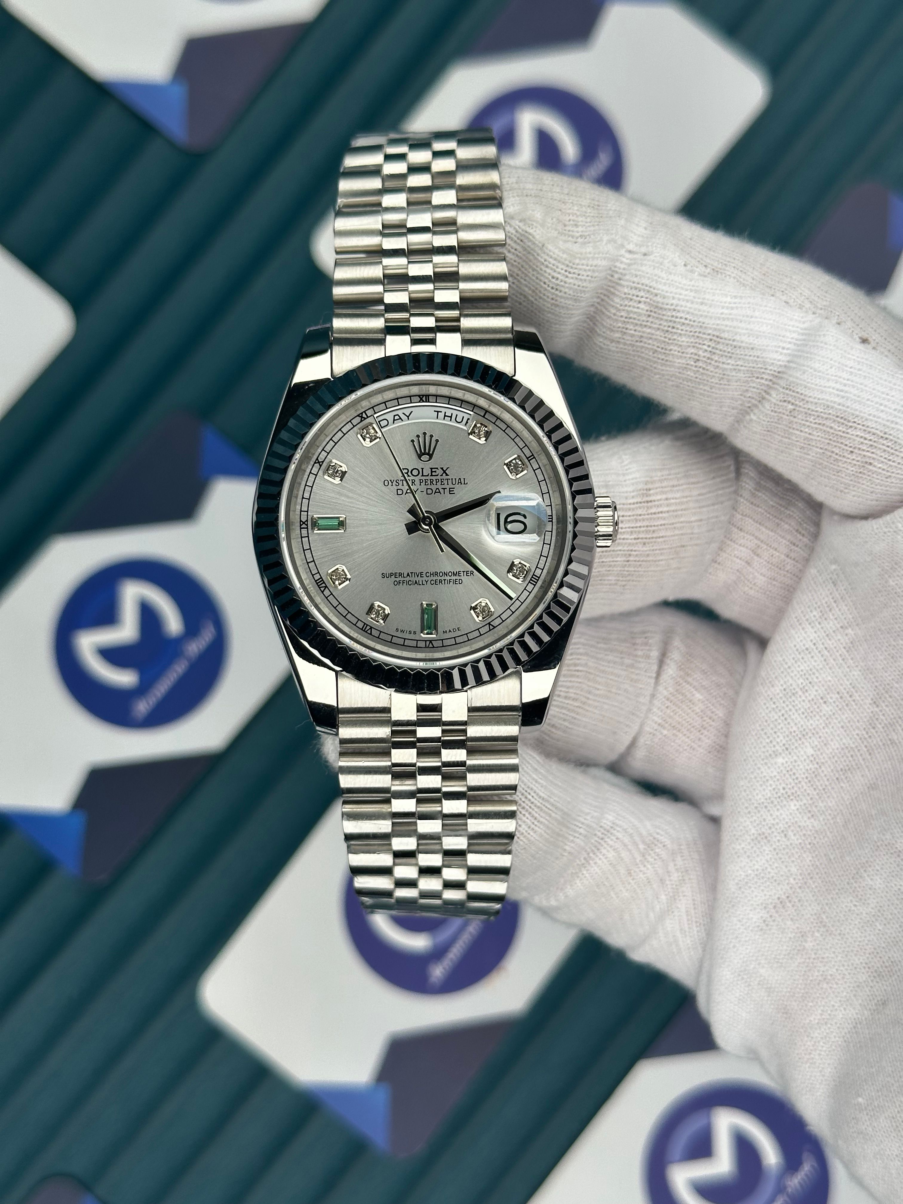 ROLEX DAY-DATE WHITE DIAL DIAMOND INDEX SILVER JUBILE