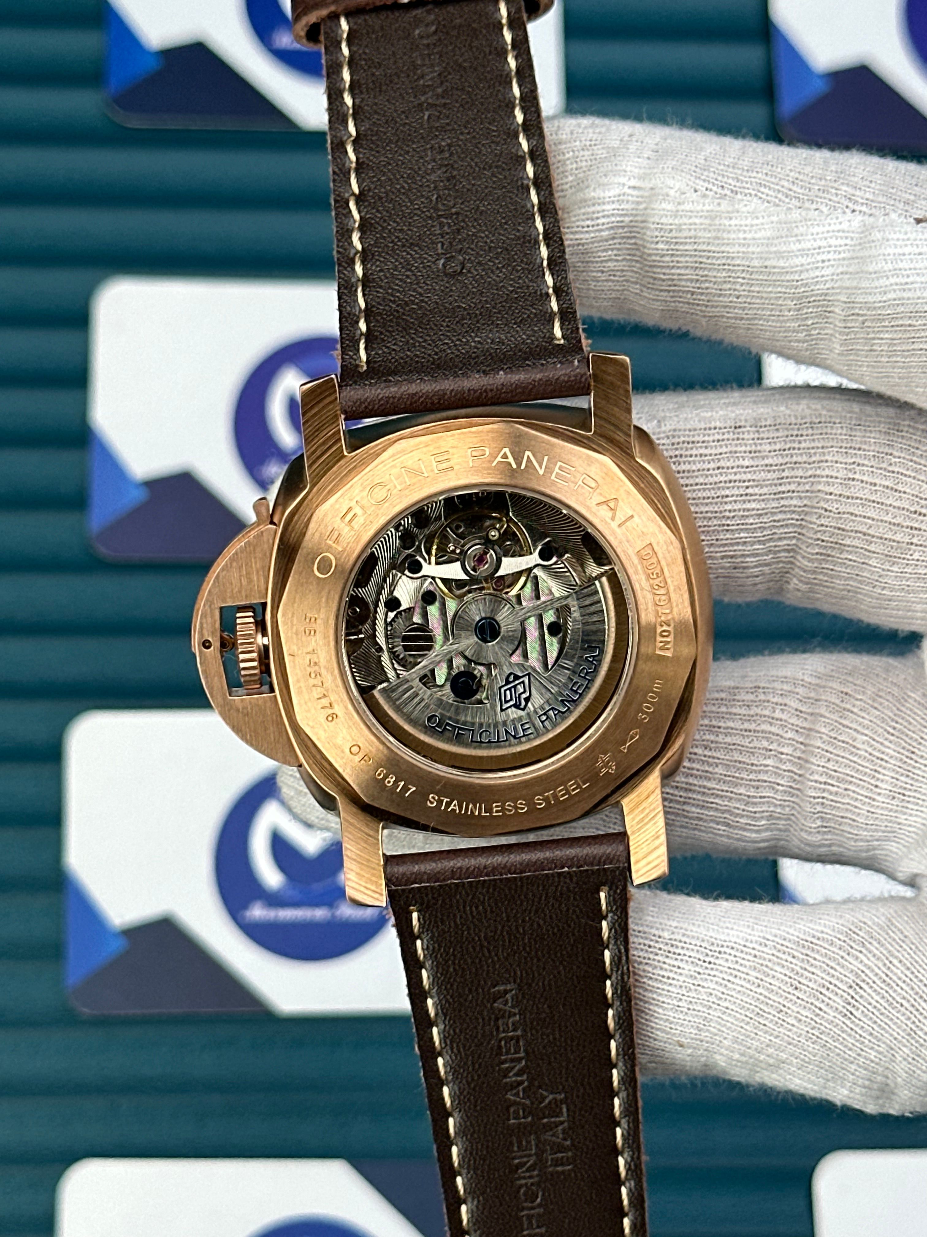 LUMINOR SUBMERSIBLE PANERAI BLUE DIAL ROSE CASE BROWN LEATHER CORD