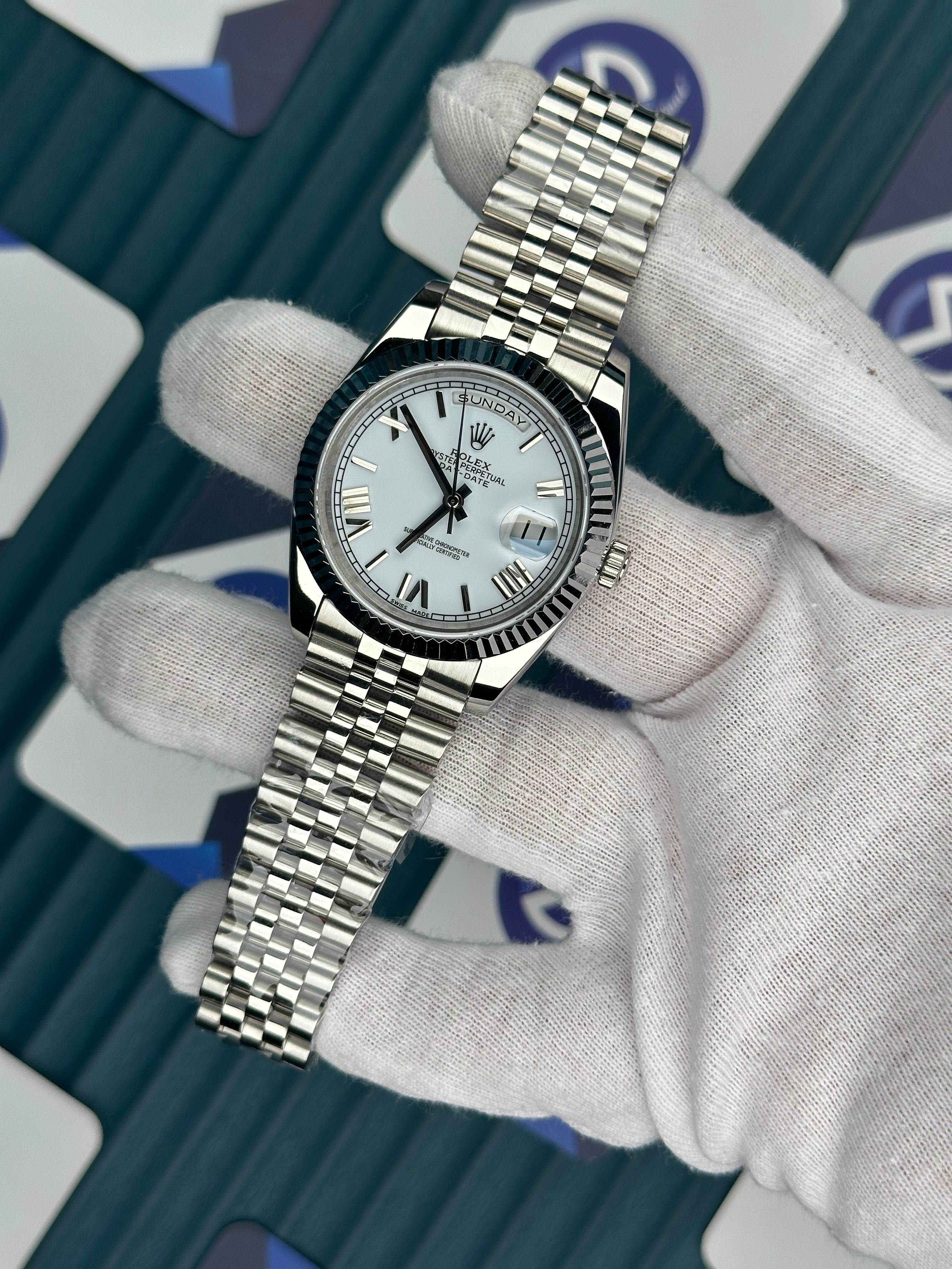 ROLEX DAY-DATE WHITE DIAL ROMA INDEX SILVER JUBILE