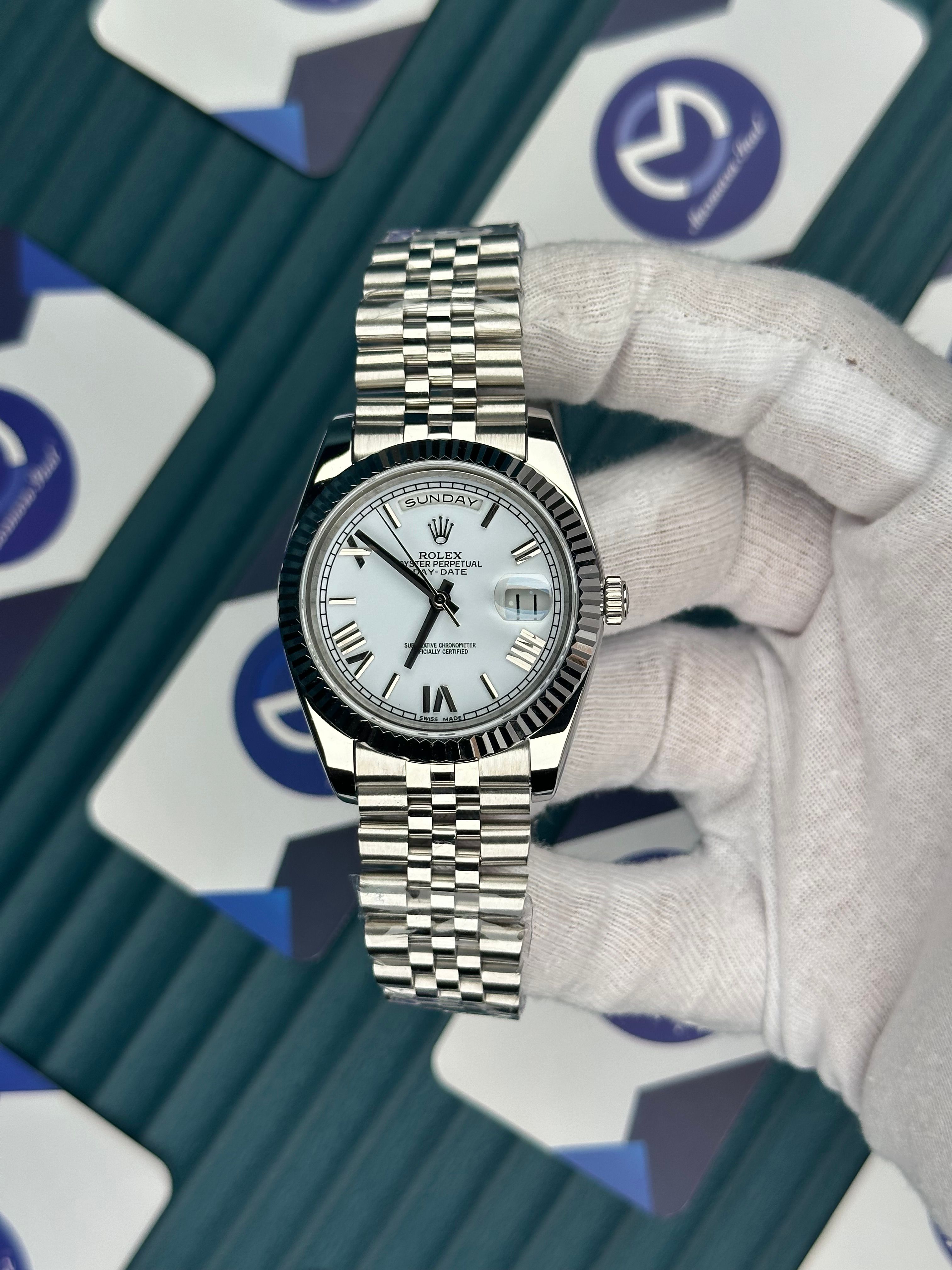 ROLEX DAY-DATE WHITE DIAL ROMA INDEX SILVER JUBILE