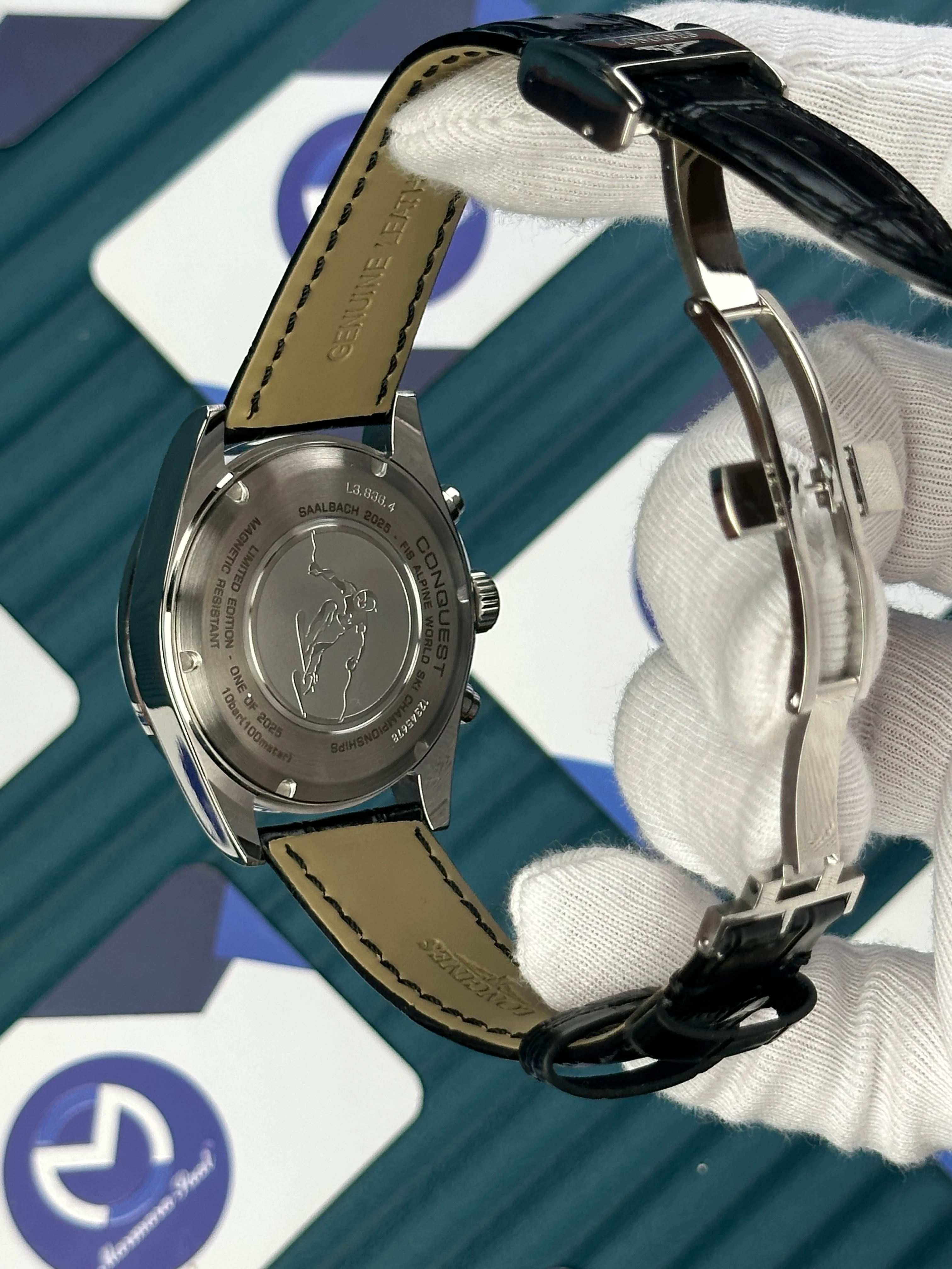 LONGINES CONQUEST AUTOMATIC WHITE DIAL BLACK CHRONOGRAPH BLACK LEATHER 