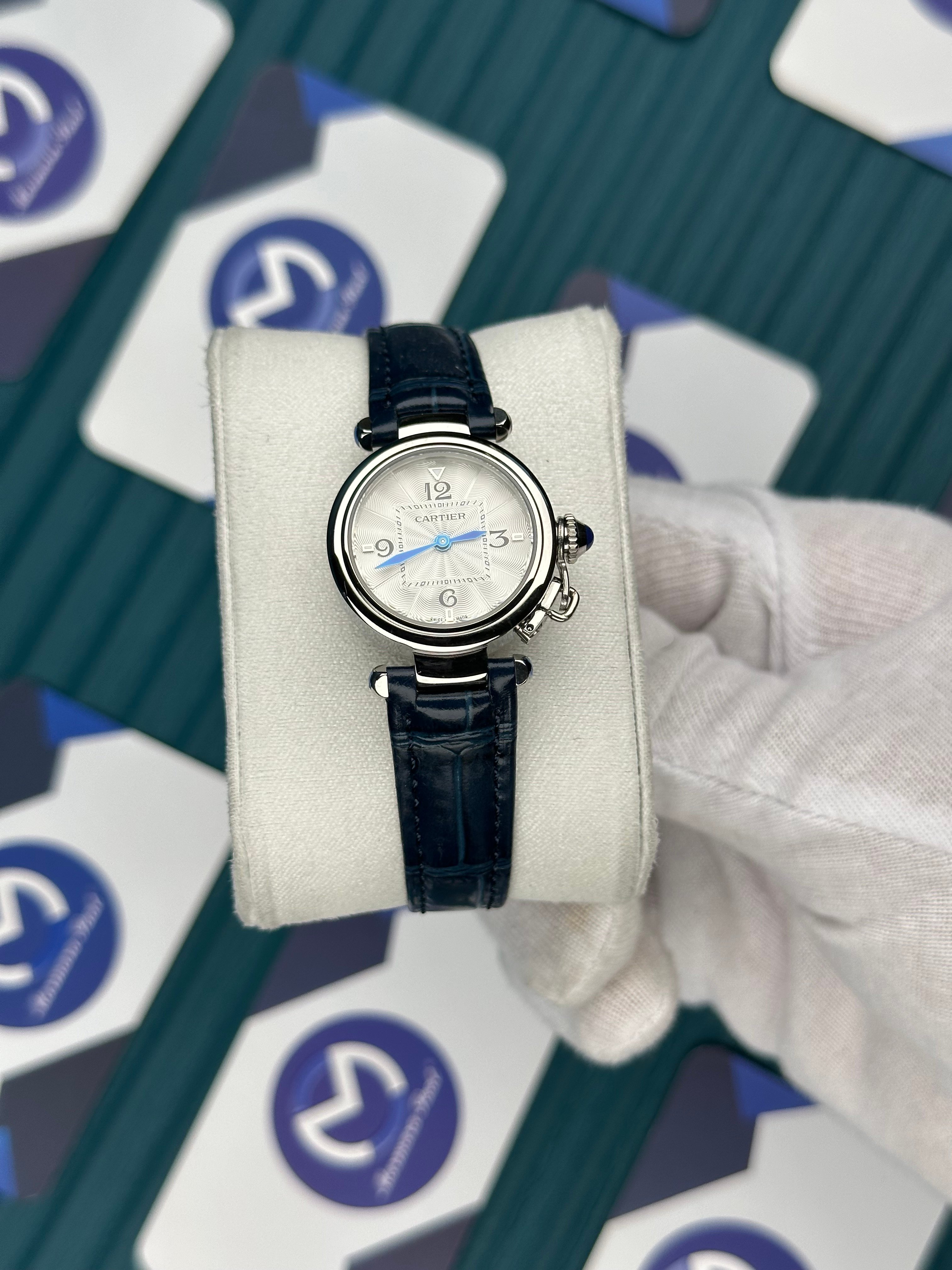 CARTIER PASHA DE CARTIER WHITE DIAL SILVER CASE NAVY BLUE LEATHER CORD