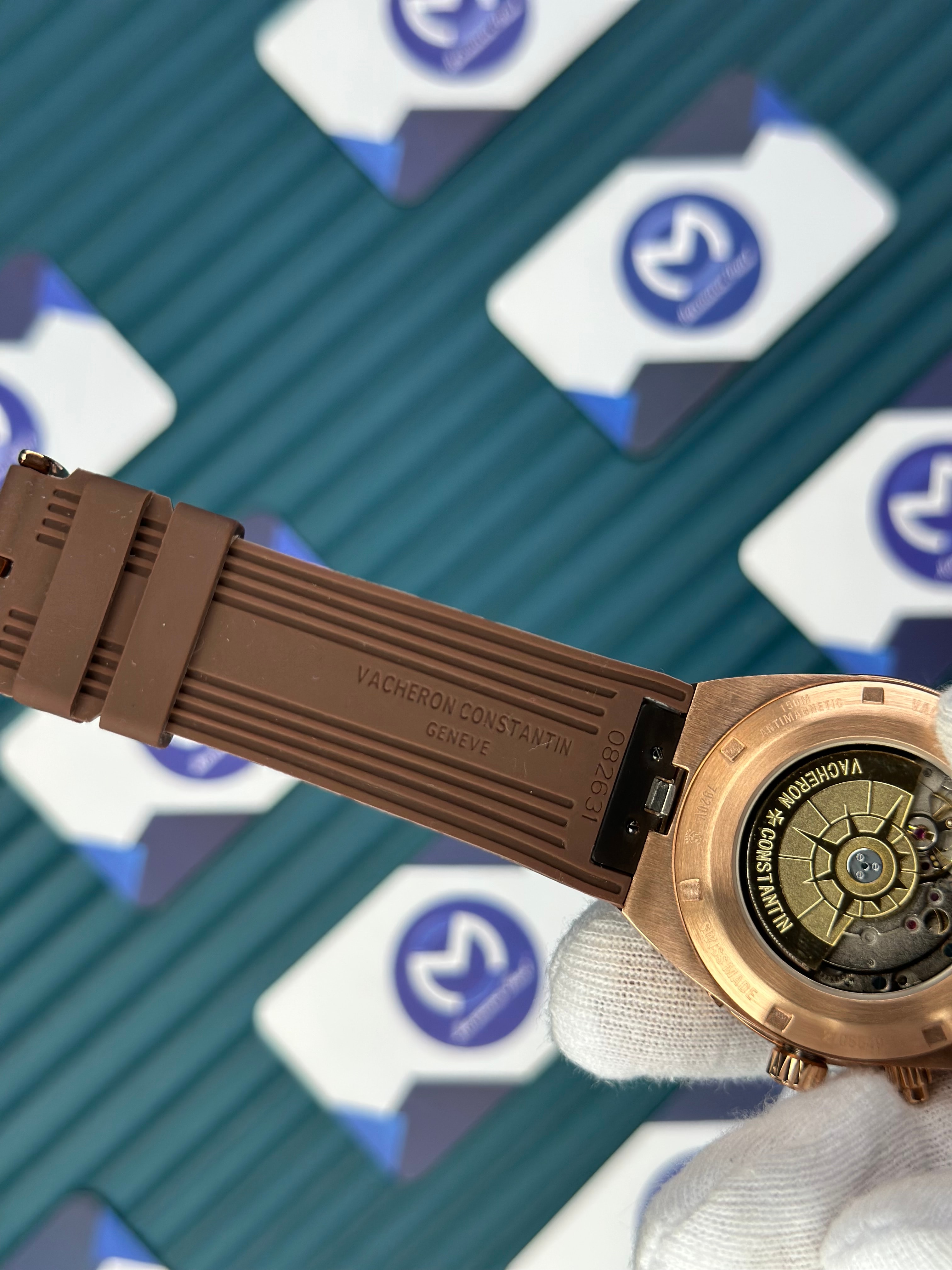 VACHERON CONSTANTIN WHITE DIAL ROSE CASE CHRONOGRAPH OVERSEAS BROWN RUBBER