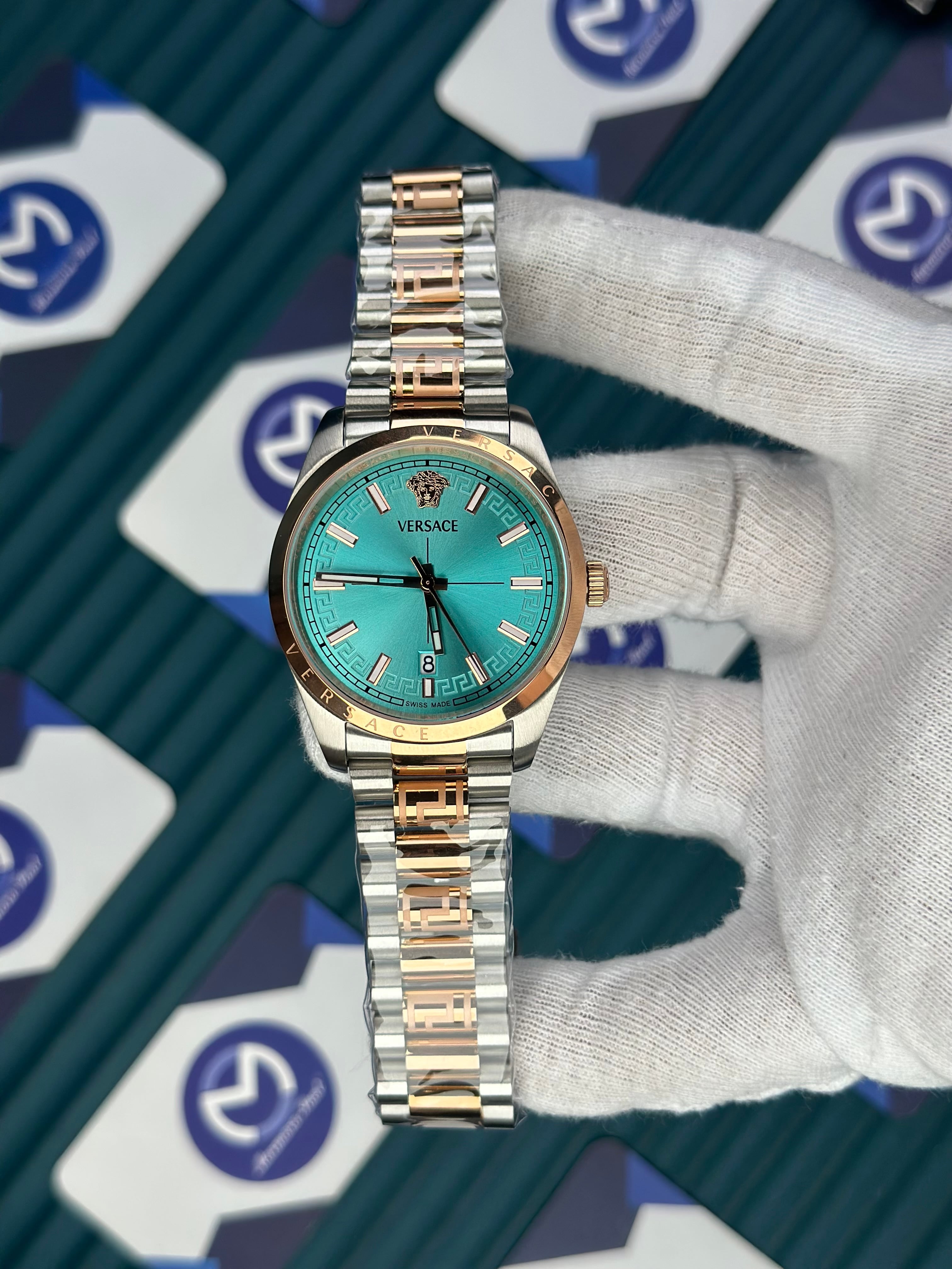 VERSACE NEW TURQUOISE DIAL ROSE-SILVER PRESIDENT