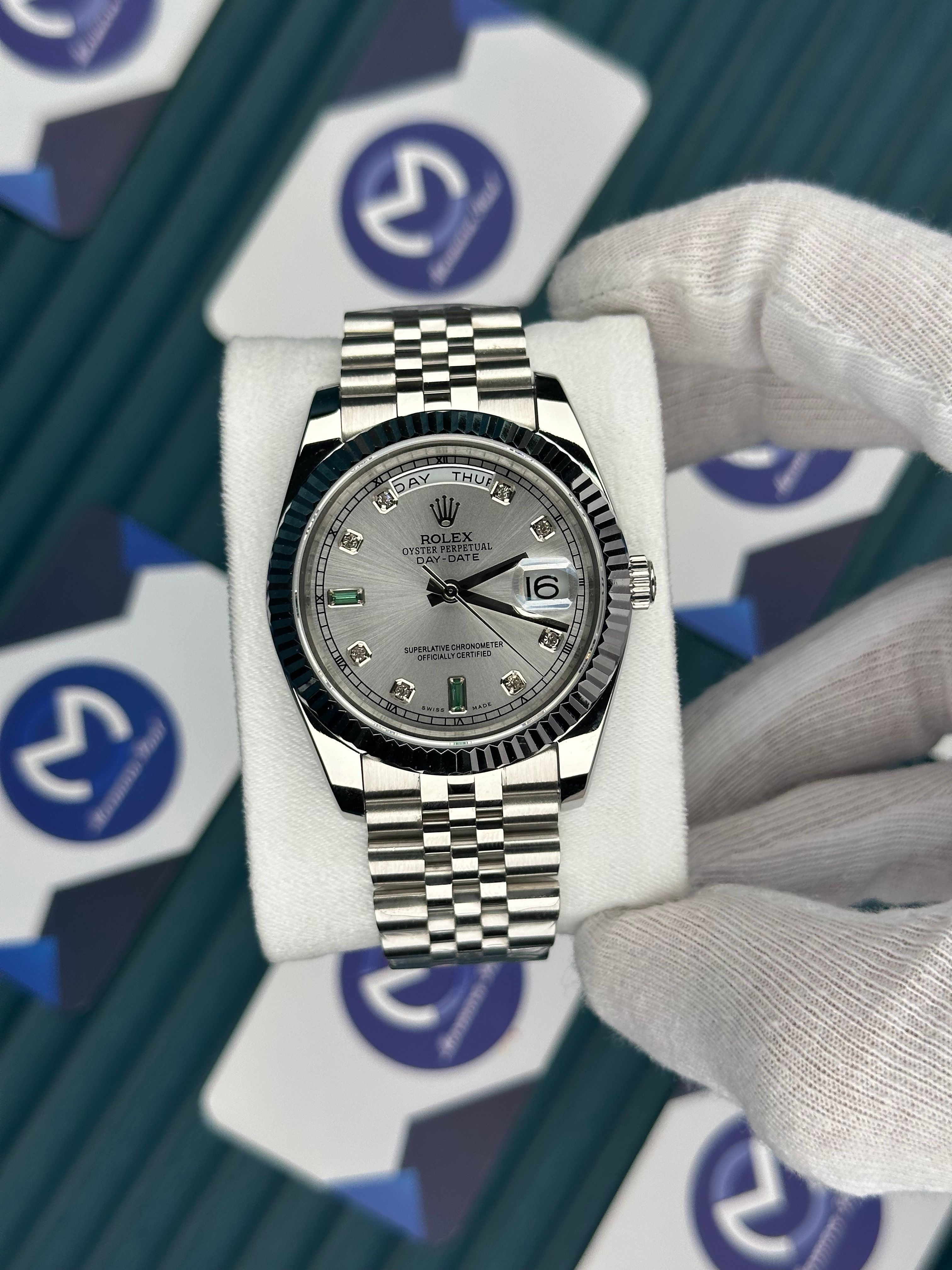 ROLEX DAY-DATE WHITE DIAL DIAMOND INDEX SILVER JUBILE