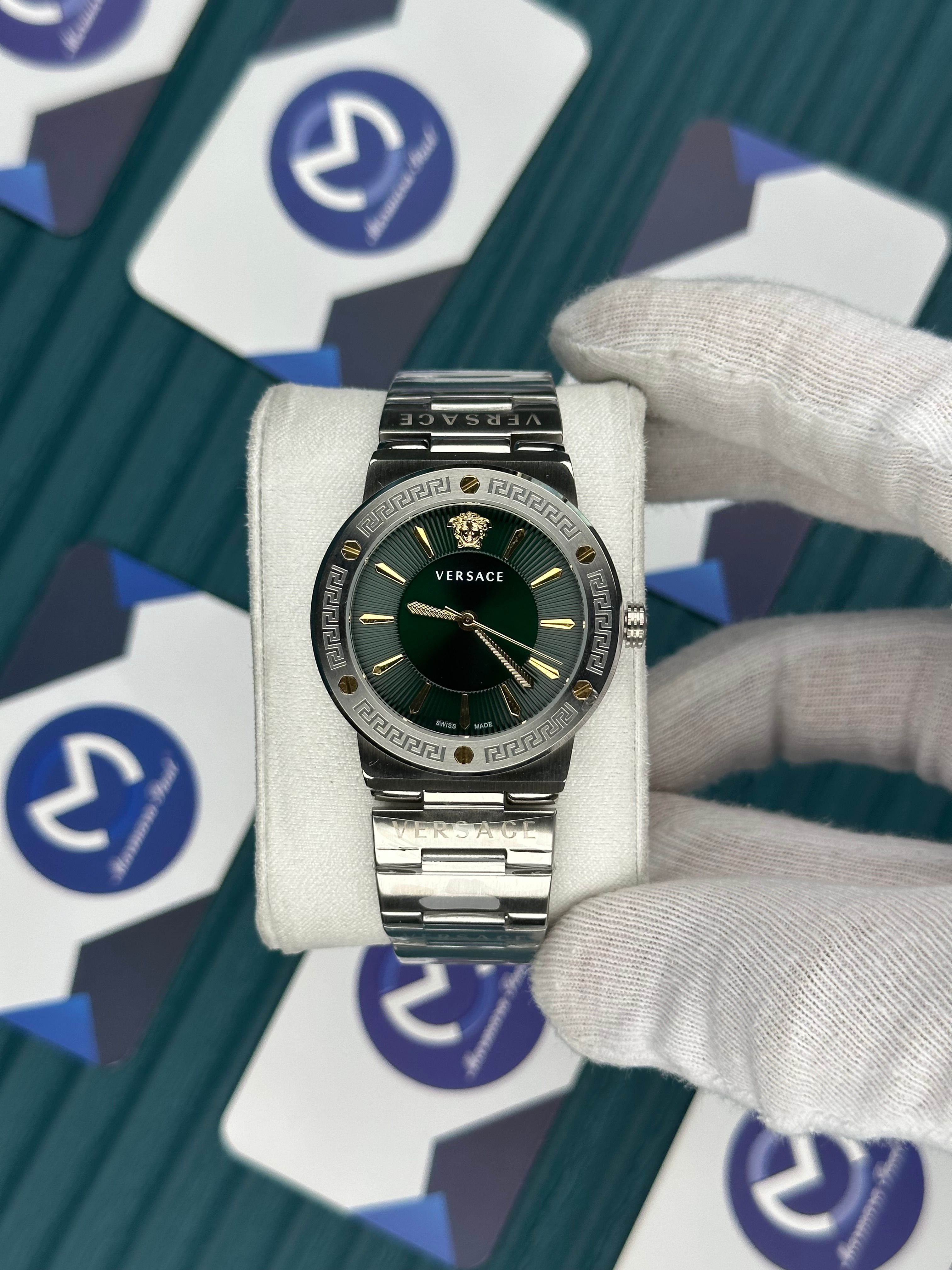 VERSACE 36 GREEN DIAL GOLD DETAILS SILVER
