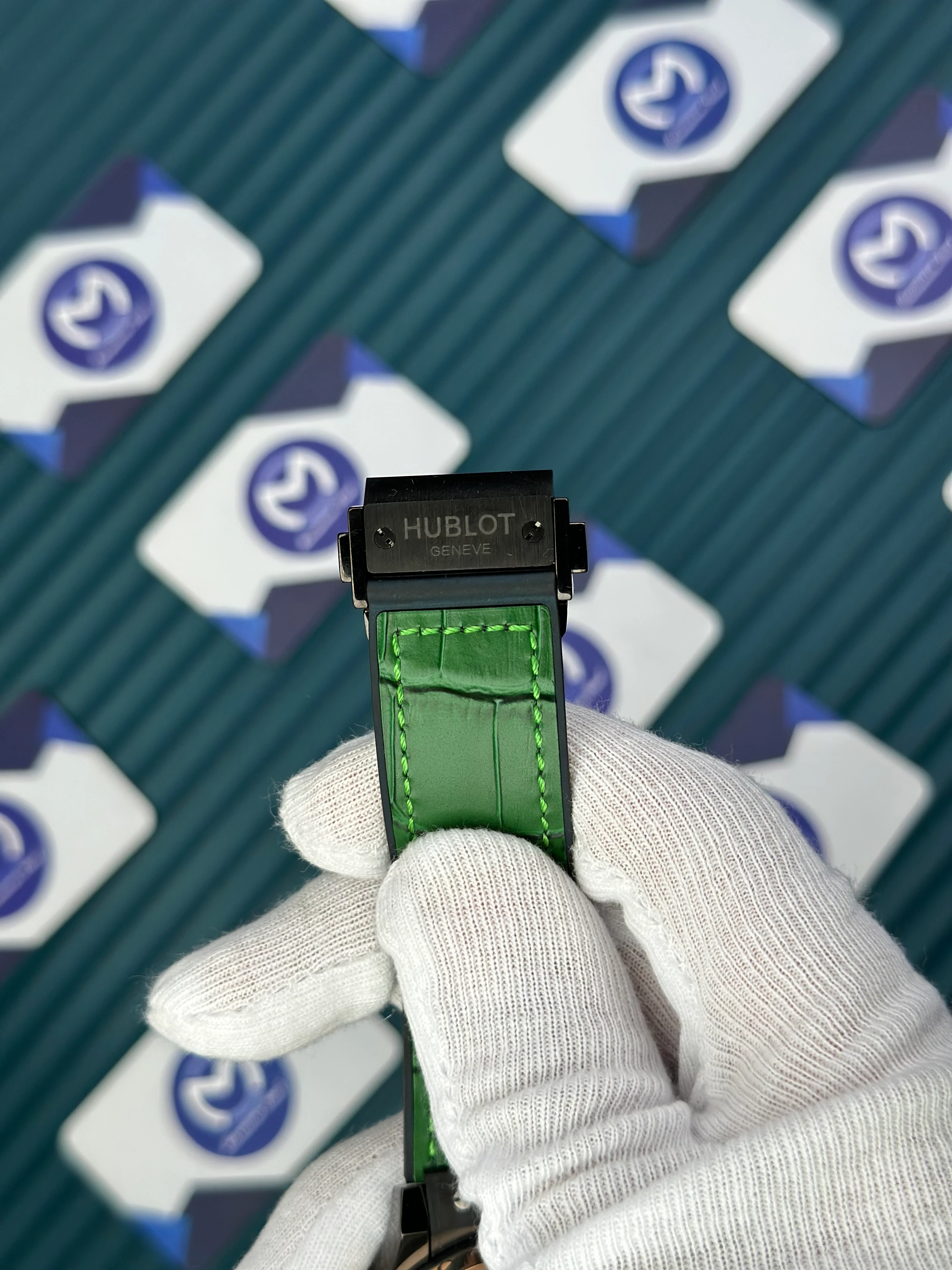 HUBLOT GENEVE AUTOMATIC GREEN DIAL ROSE BEZEL BLACK CASE GREEN LEATHER CORD