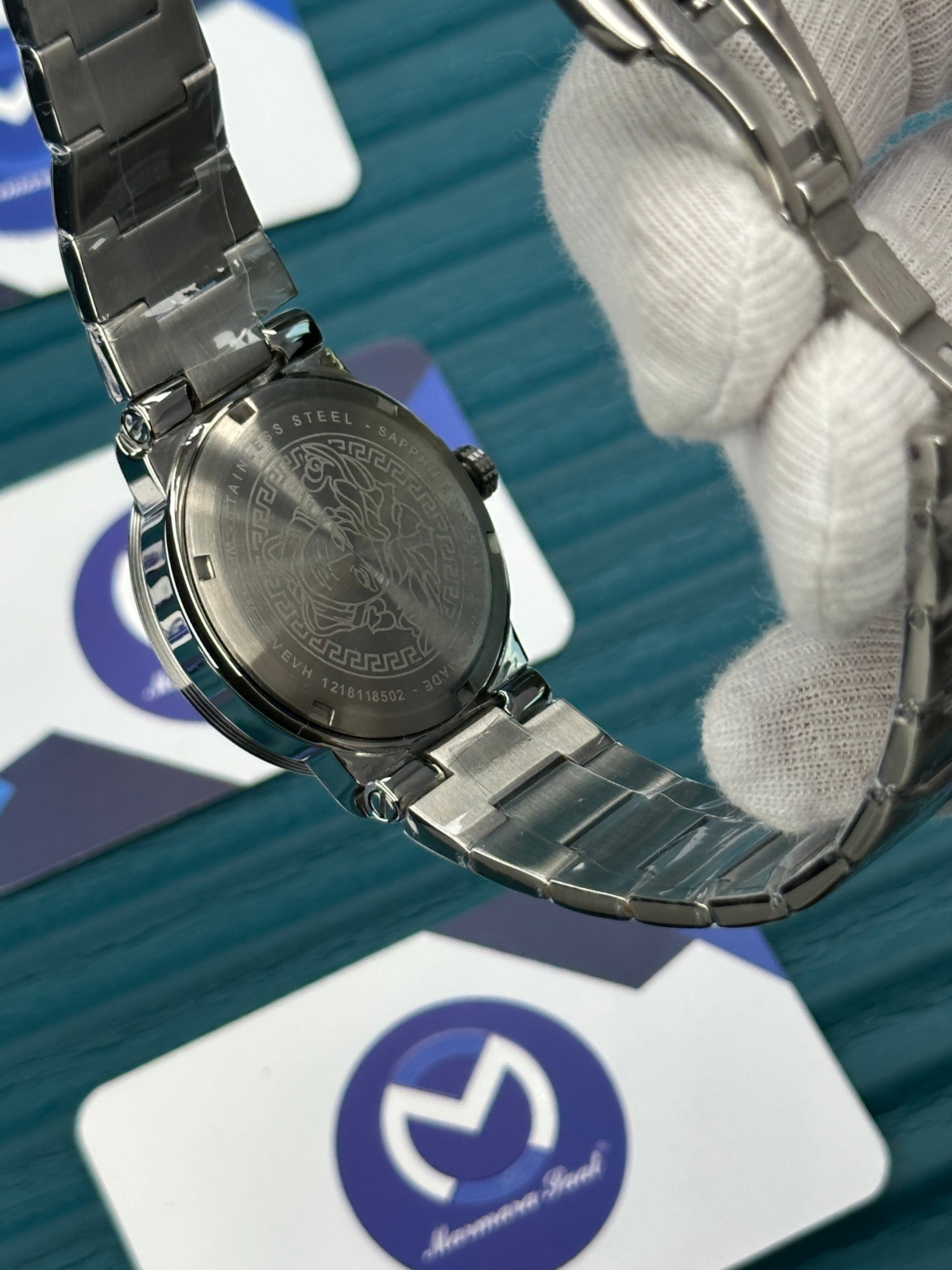 VERSACE 36 BLUE DIAL GOLD INDEX SILVER CORD