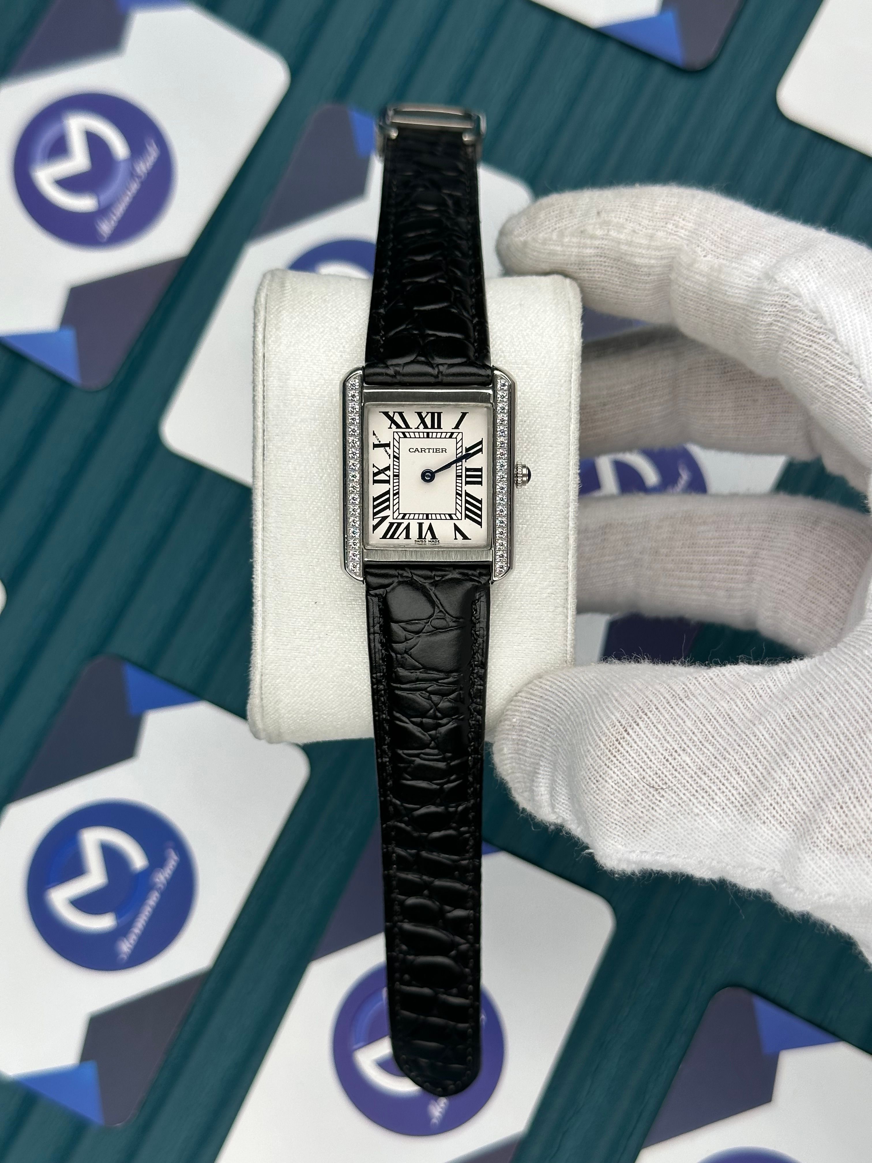 CARTIER WOMAN TANK WHITE DIAL SILVER DIAMOND BEZEL BLACK PATTERNED LEATHER