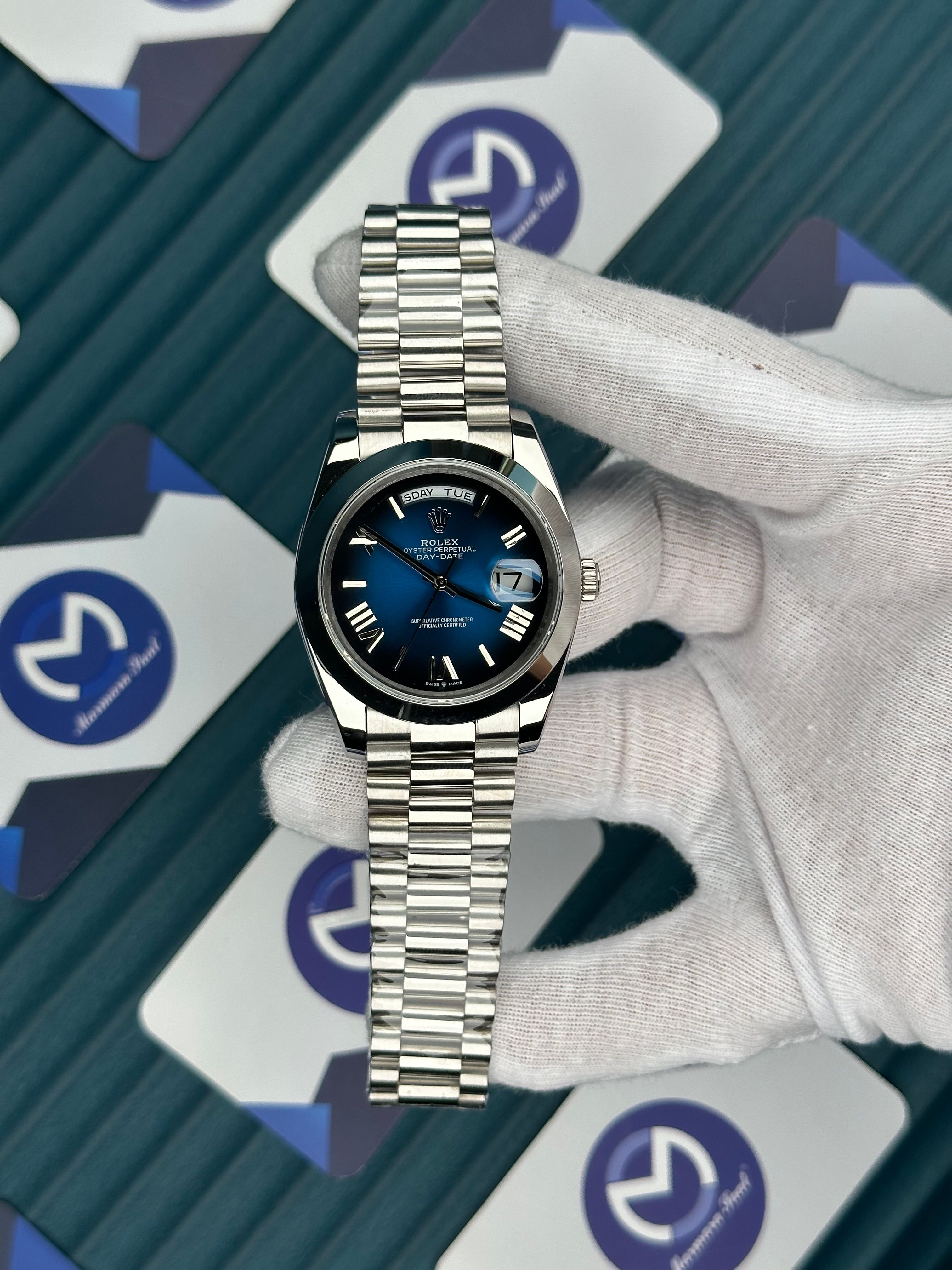 ROLEX DAY-DATE BLUE OCEAN DIAL OVAL BEZEL SILVER PRESIDENT