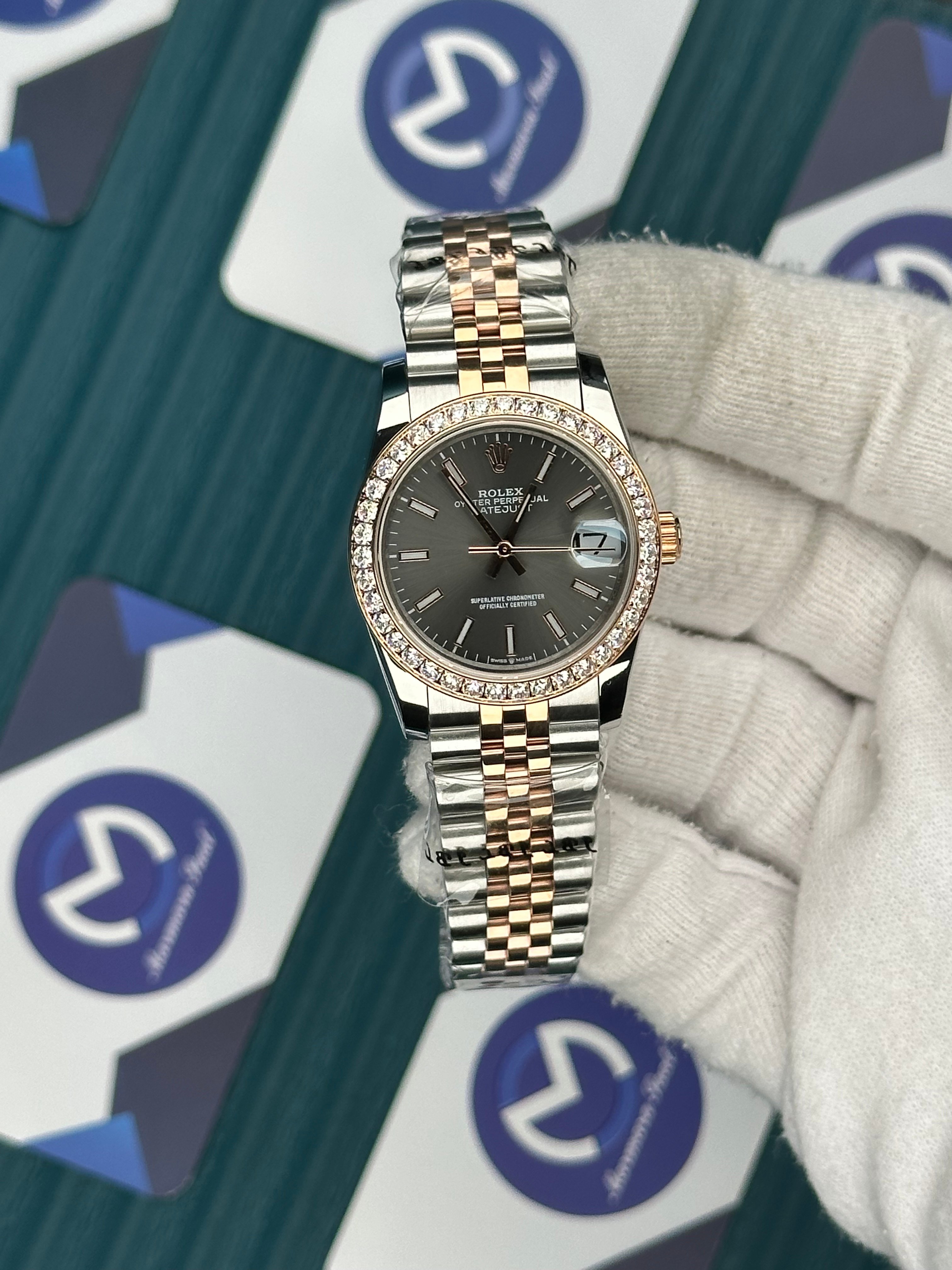 ROLEX 31 GREY DIAL DIAMOND BEZEL ROSE-SILVER JUBILEE