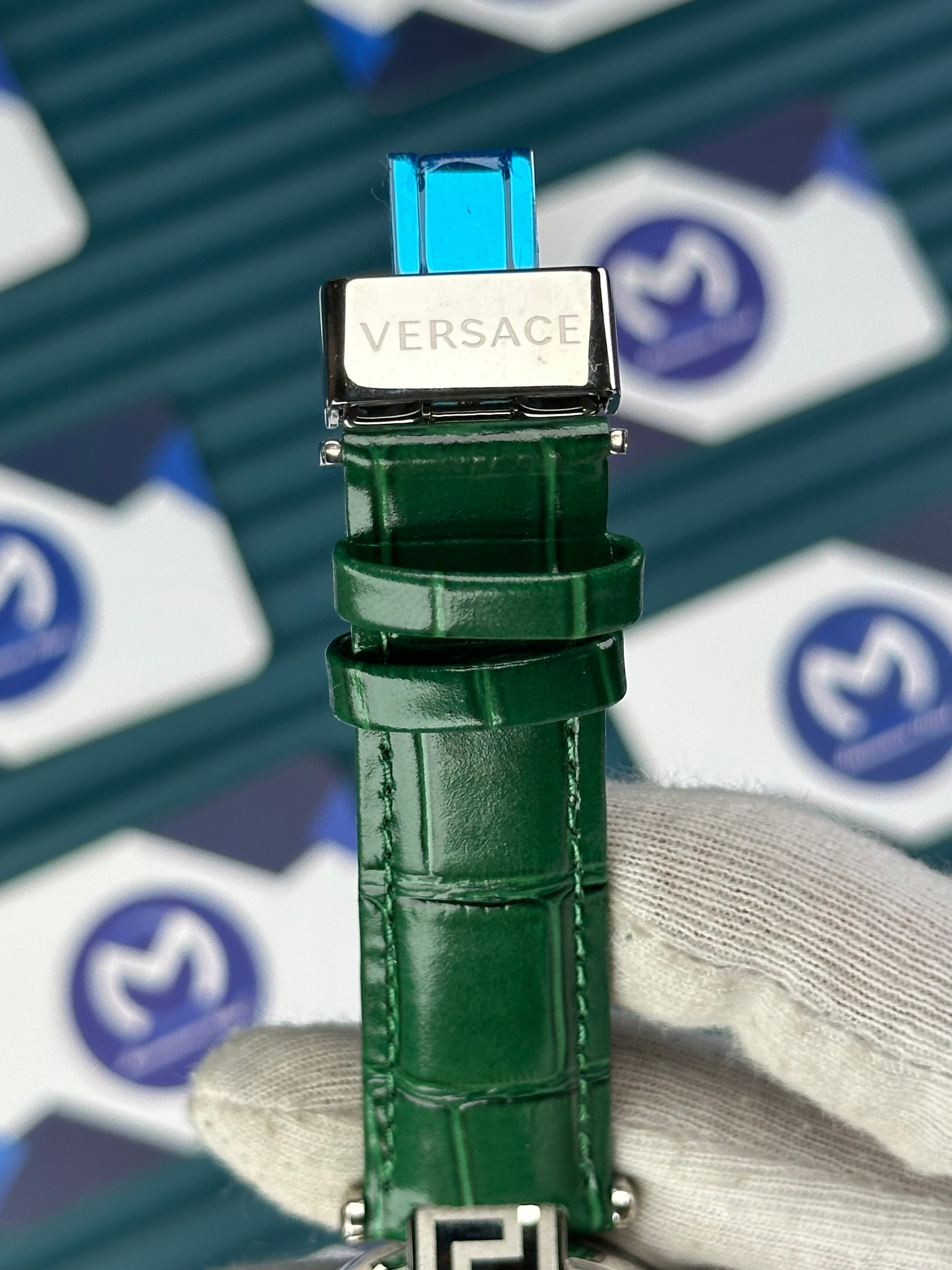 VERSACE 38 GREEN DIAL DIAMOND BEZEL SILVER CASE GREEN LEATHER CORD