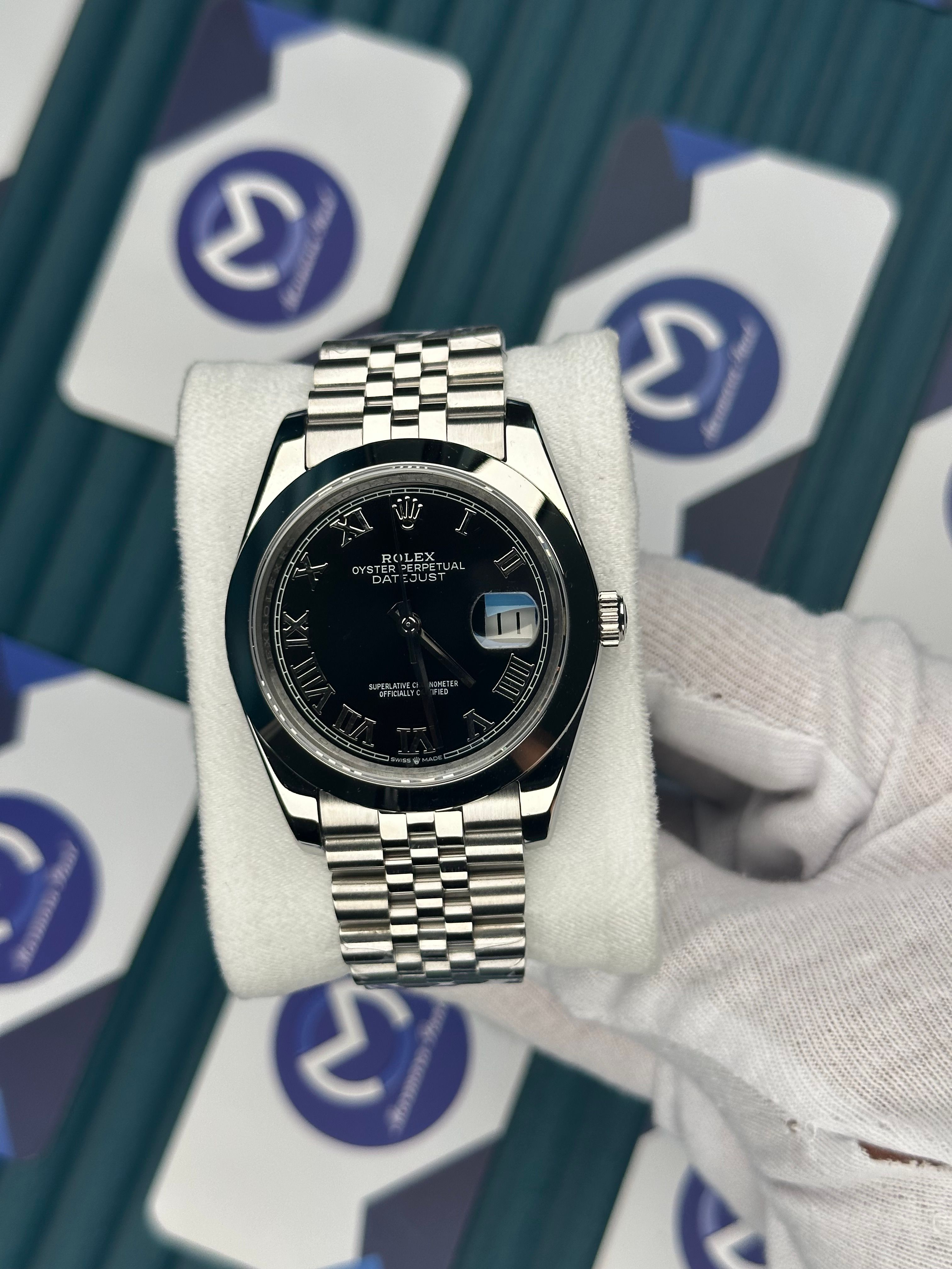 ROLEX DATEJUST BLACK DIAL SILVER ROMA INDEX SILVER JUBILE