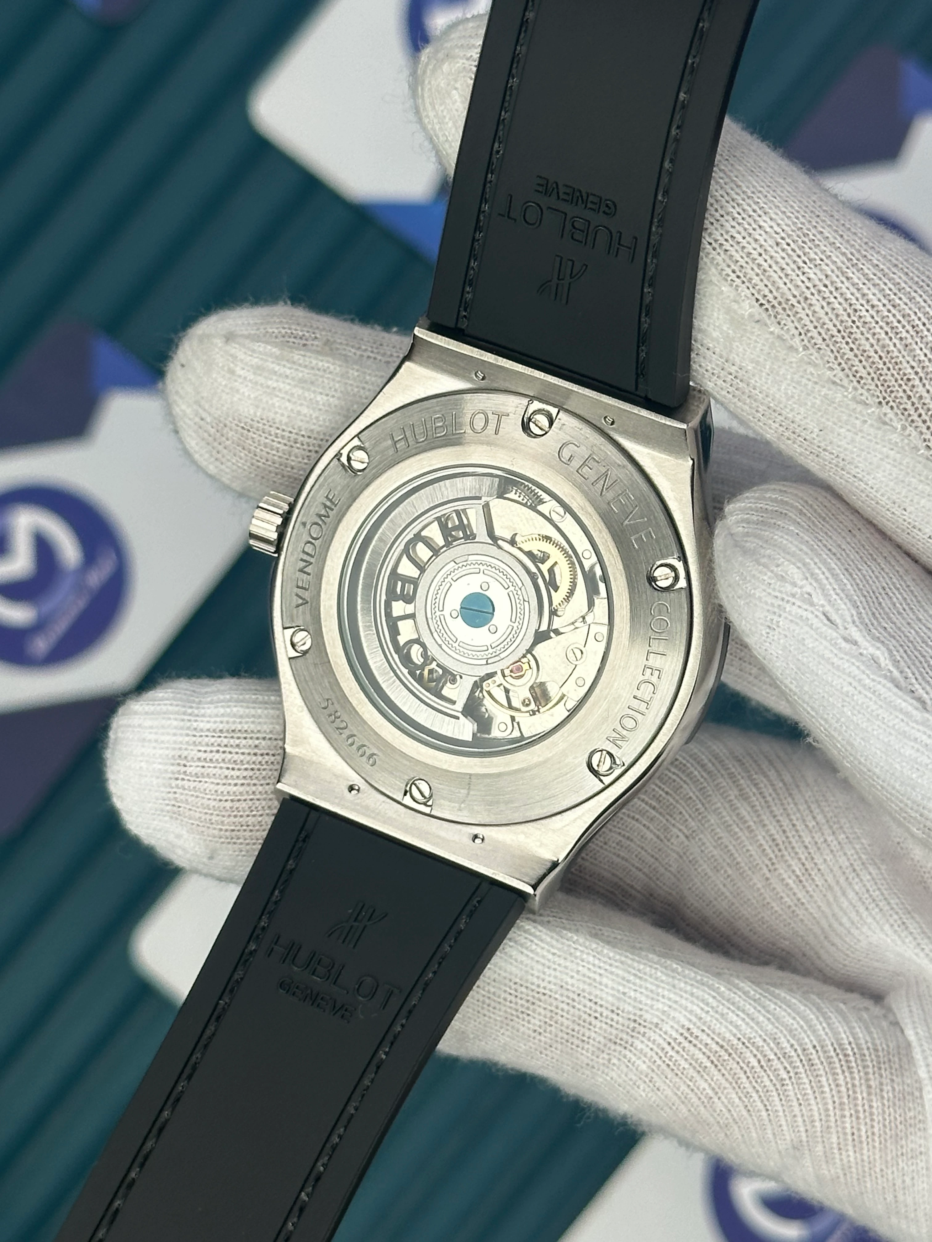 HUBLOT GENEVE AUTOMATIC VENDOME BLUE DIAL SILVER CASE BLUE LEATHER CORD 